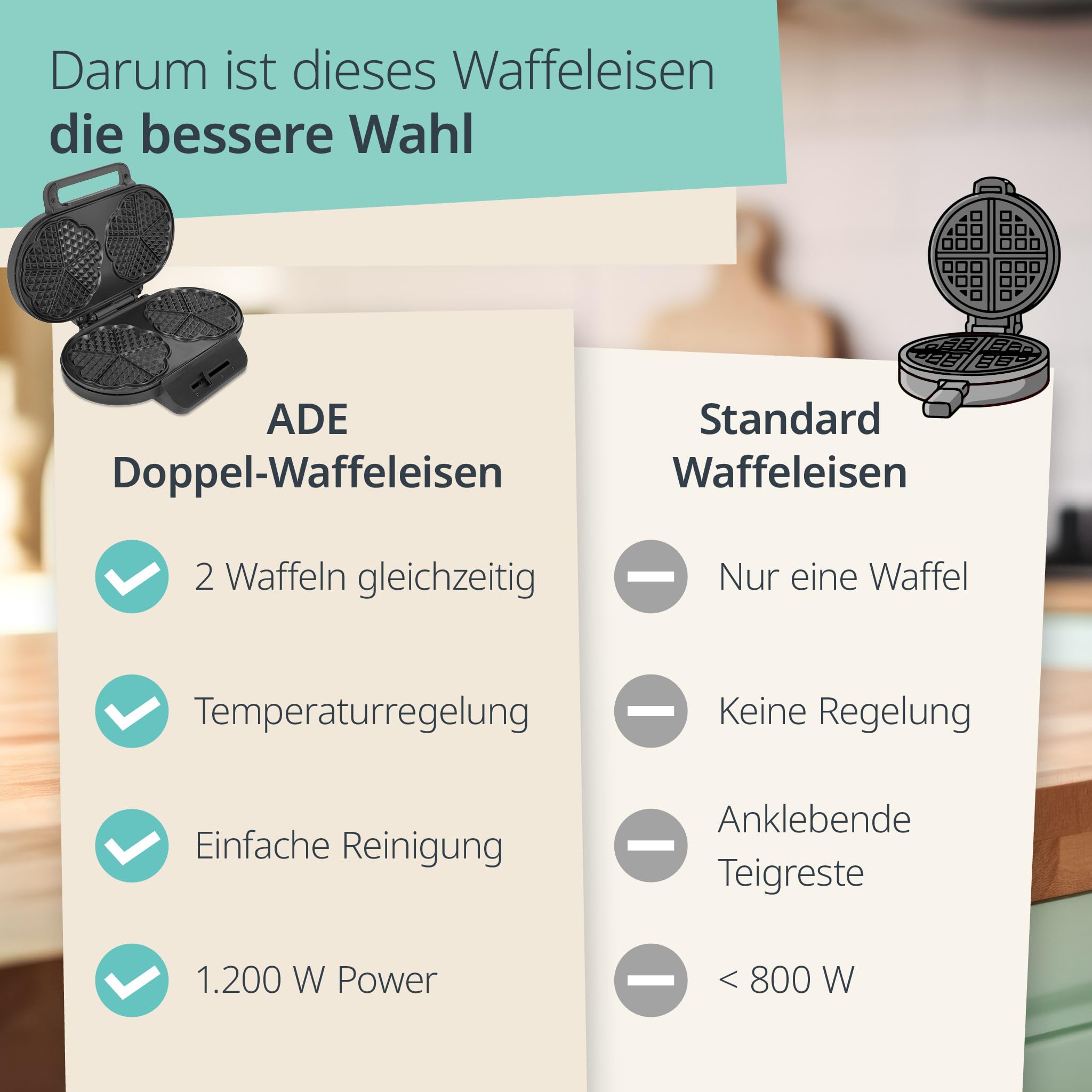 ADE Duo-Waffeleisen | antihaftbeschichtetes Doppelwaffeleisen für zwei klassische Herzwaffeln | stufenloser Temperaturregler | 1.200 Watt Leistung | perfekt für Kindergeburtstage | schwarz