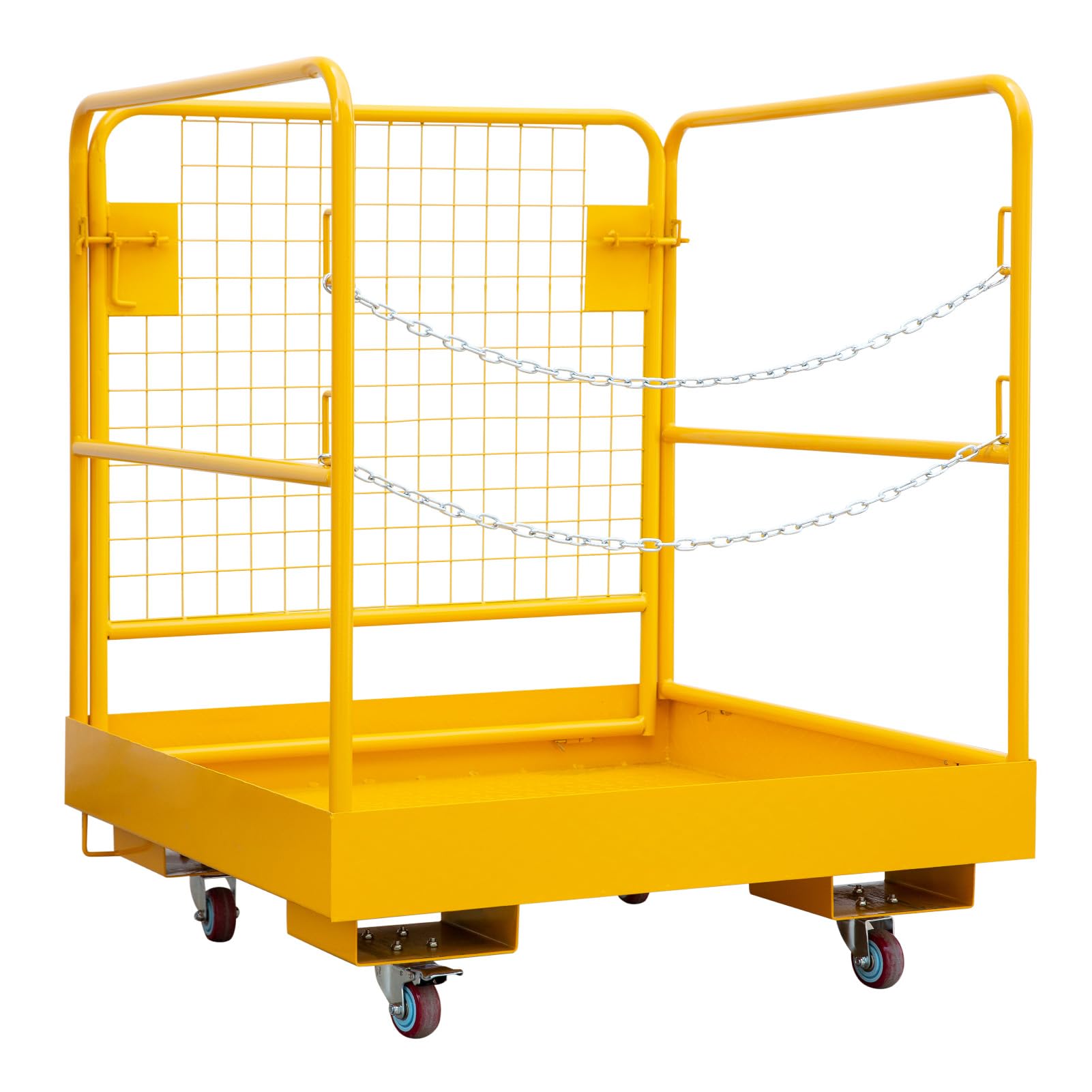 Forklift Safety Cage - 91x91cm Heavy Duty Steel Work Platform with 550kg Capacity, Collapsible Lift Basket for Forklifts & Pallet Jacks - Includes 4 Wheels for Easy Mobility - Chain Door