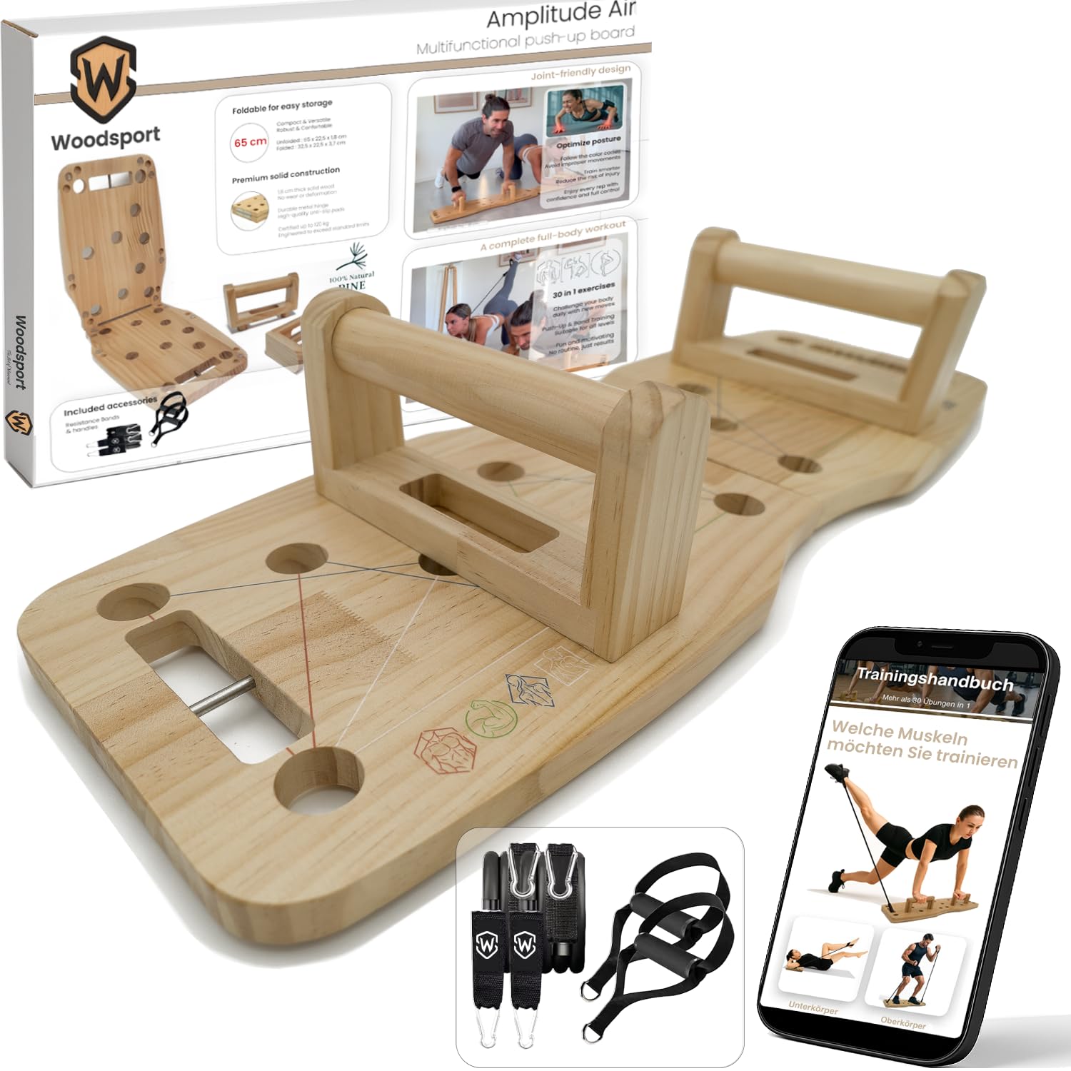 Amplitude – Premium Liegestützbrett/Push up Board aus Holz für Home gym – Klappbares Fitnessgerät für Zuhause – inkl. resistance bands + 30-in-1 Trainingsanleitung