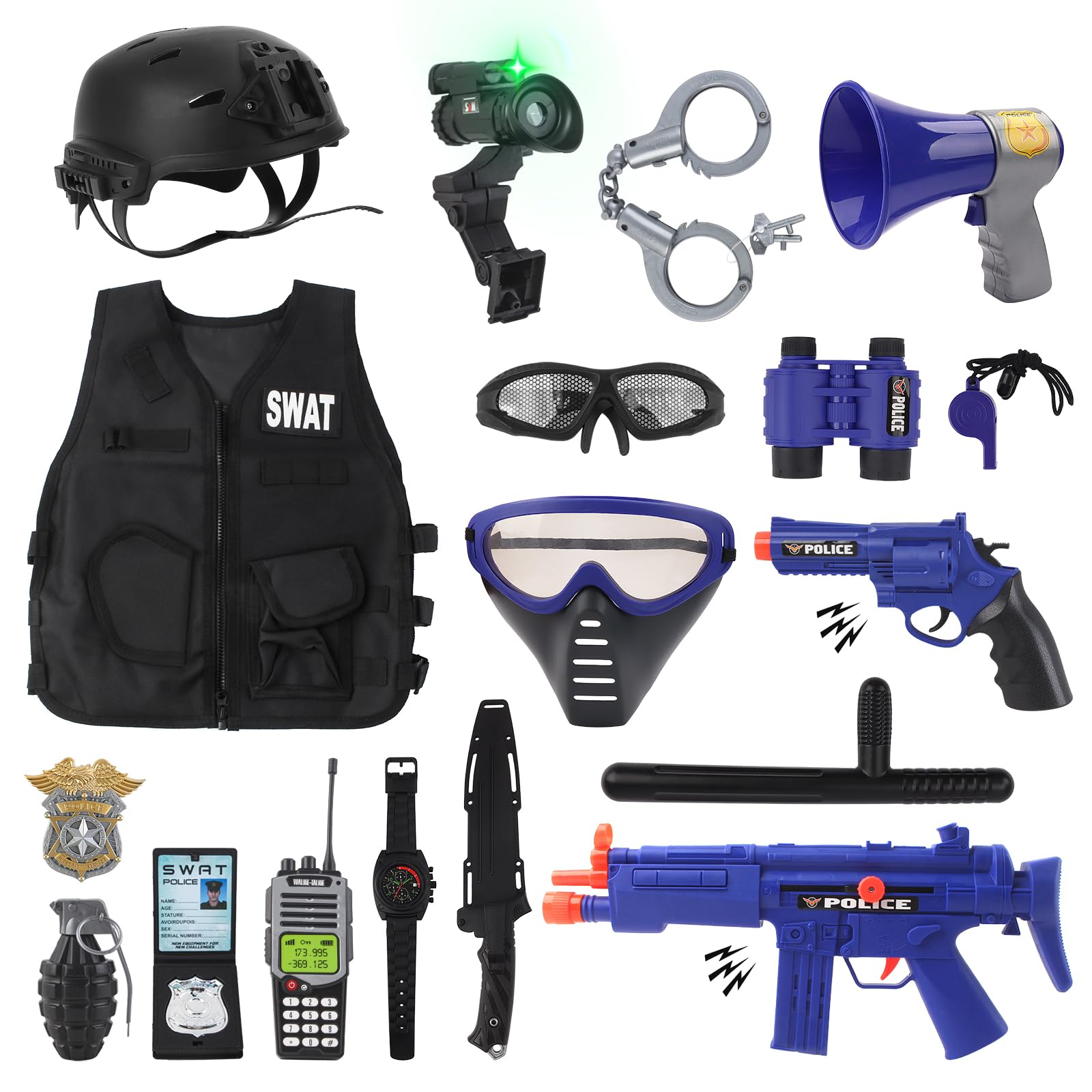 deAO przebranie policjanta, kostium policjanta dla dzieci z kamizelką, kaskiem, kajdankami, okularami, walkie-talkie itd., 18 szt. akcesoriów policyjnych