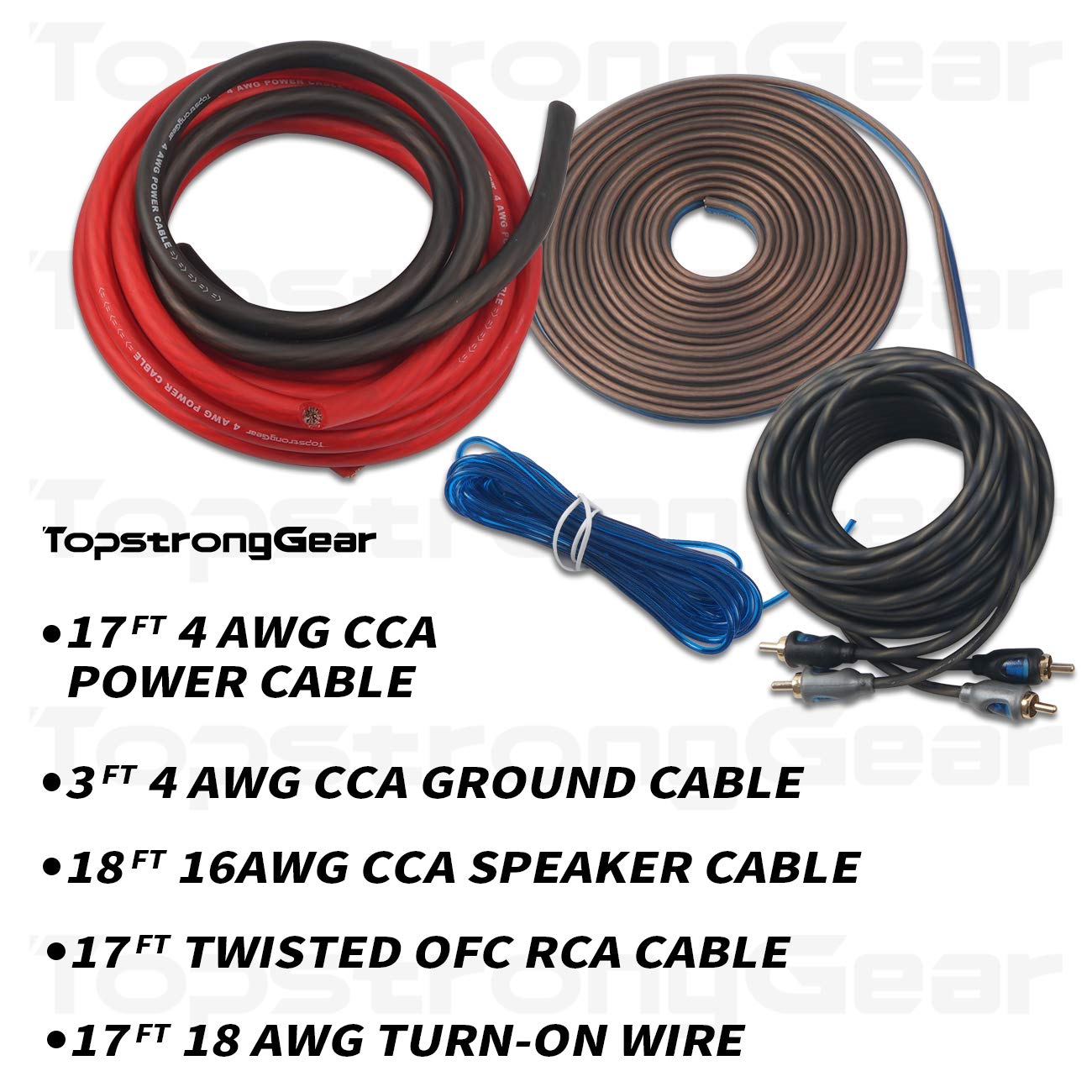TOPSTRONGGEAR 4ga Amp Kit - 4 Gauge AWG Amplifier Wiring Kit for Car Subwoofers Speakers Audio System, Complete Amp Installation Kit with 20ft Power Ground Cable, RCA Cables, Fuse Holder, Speaker Wire