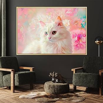 Amazon.co.jp: 絵画 ピンクの花の背景を持つかわいい白猫 アートパネル