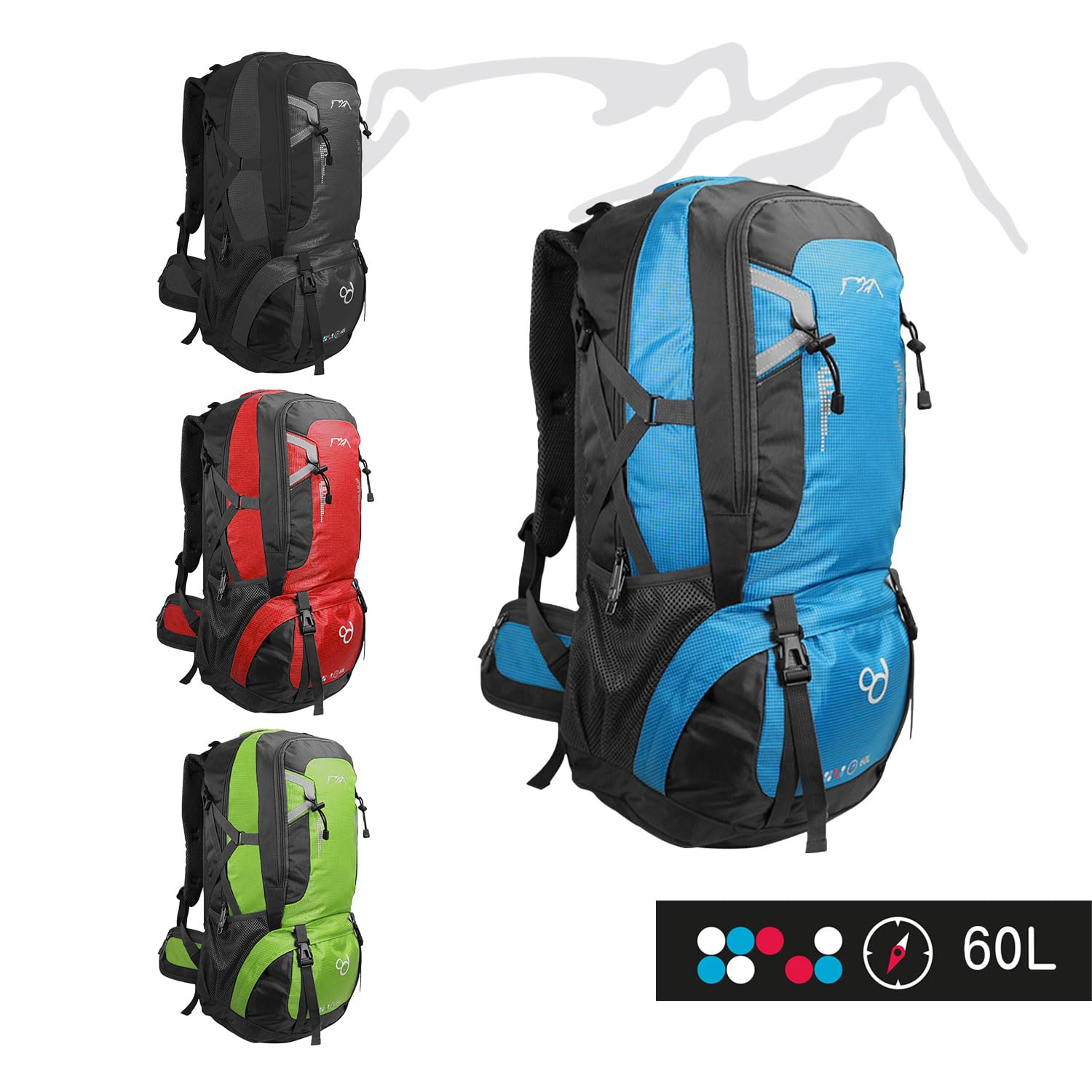 OcioDual Mochila Senderismo 60 Litros, Mochila Trekking, Montaña y Camino de Santiago, Multifuncional, Ligera, Mochilas Hombre para Camping, Acampada, Marcha Nórdica, Supervivencia, Azul