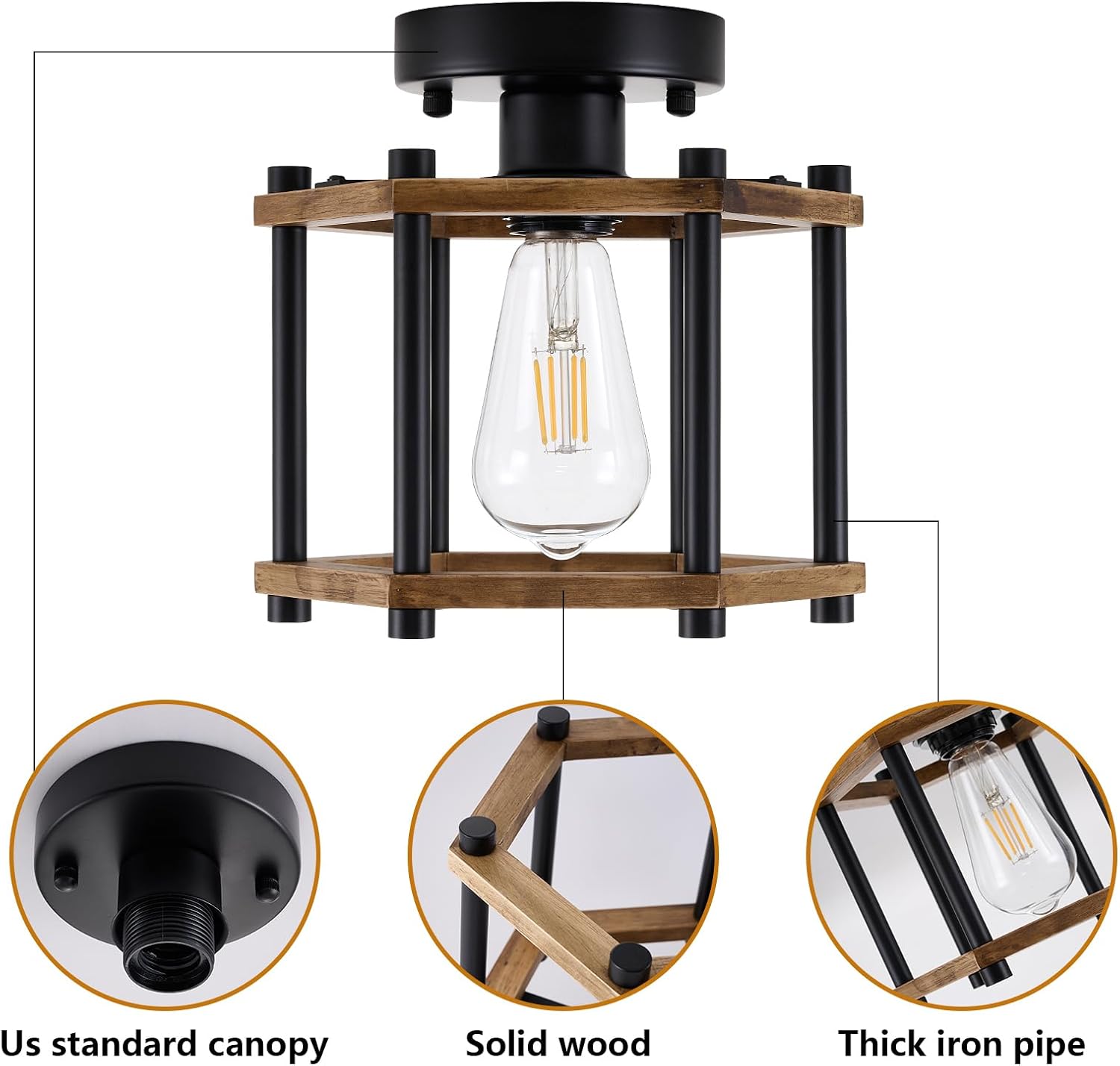 Dijiahua 1-Light Rustic Farmhouse Wood Flush Mount Ceiling Light Fixture, Small Black Semi Flush Mount Ceiling Lighting with Oak Wooden and Hexagonal Cage for Hallway Entryway Bedroom Kitchen