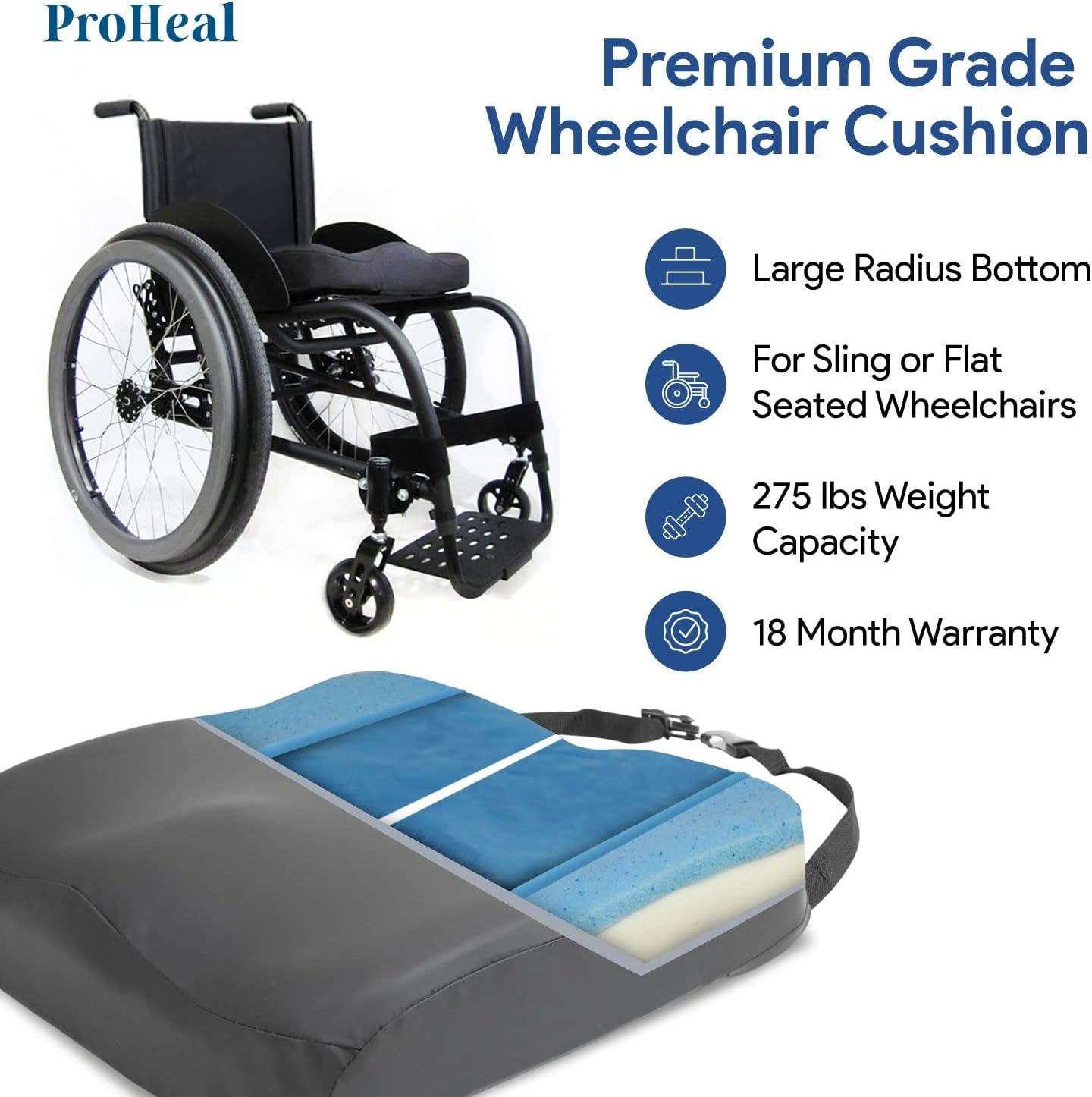ProHeal Wheelchair Seat Cushion Gel Infused Memory Foam - Orthopedic, Coccyx, Tailbone Support - High Resilience for Positioning and Stability Prevents Pressure Sores and Skin Damage -20" x 18" x 3" : Health & Household