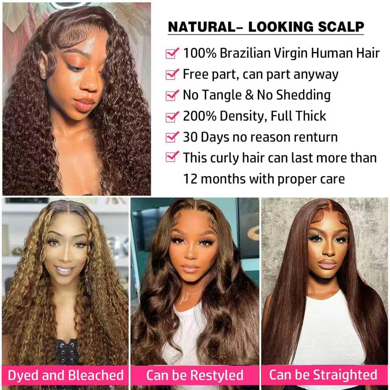 200 Density Chocolate Brown Lace Front Wig Human Hair 24 Inch 13x6 HD Deep Wave Lace Front Wigs Human Hair Colored Deep Curly Lace Frontal Wigs Glueless Wig for Woman Pre Plucked with Natural Hairline