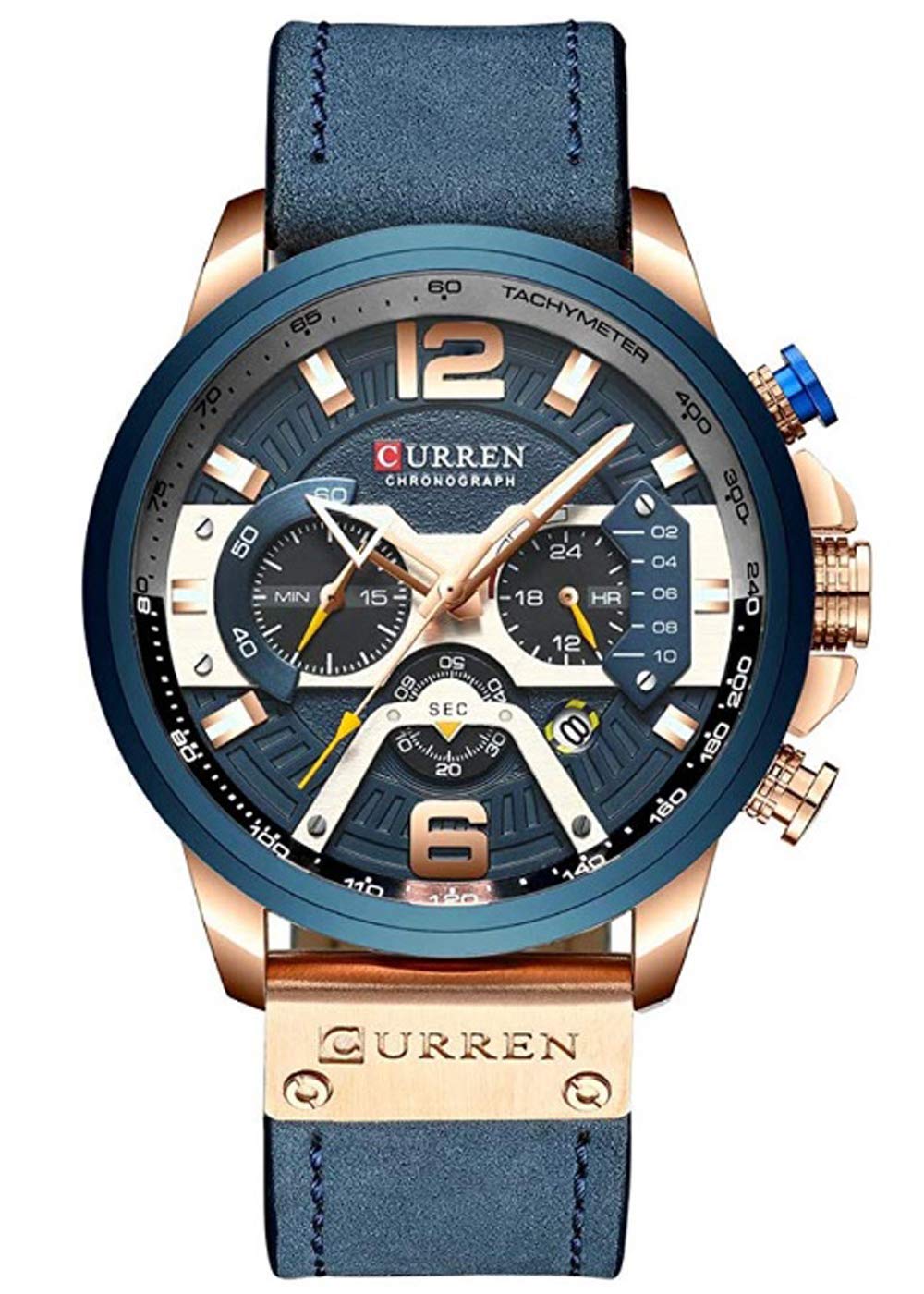 CURREN Herren-Armbanduhr, Quarz, Leder, Chronograph, Armbanduhr und modisches Armband, analoge Uhren für Herren, luxuriöse Armbanduhr, Geschenke für Vater, Freund, blau, Quarzuhr, Chronograph