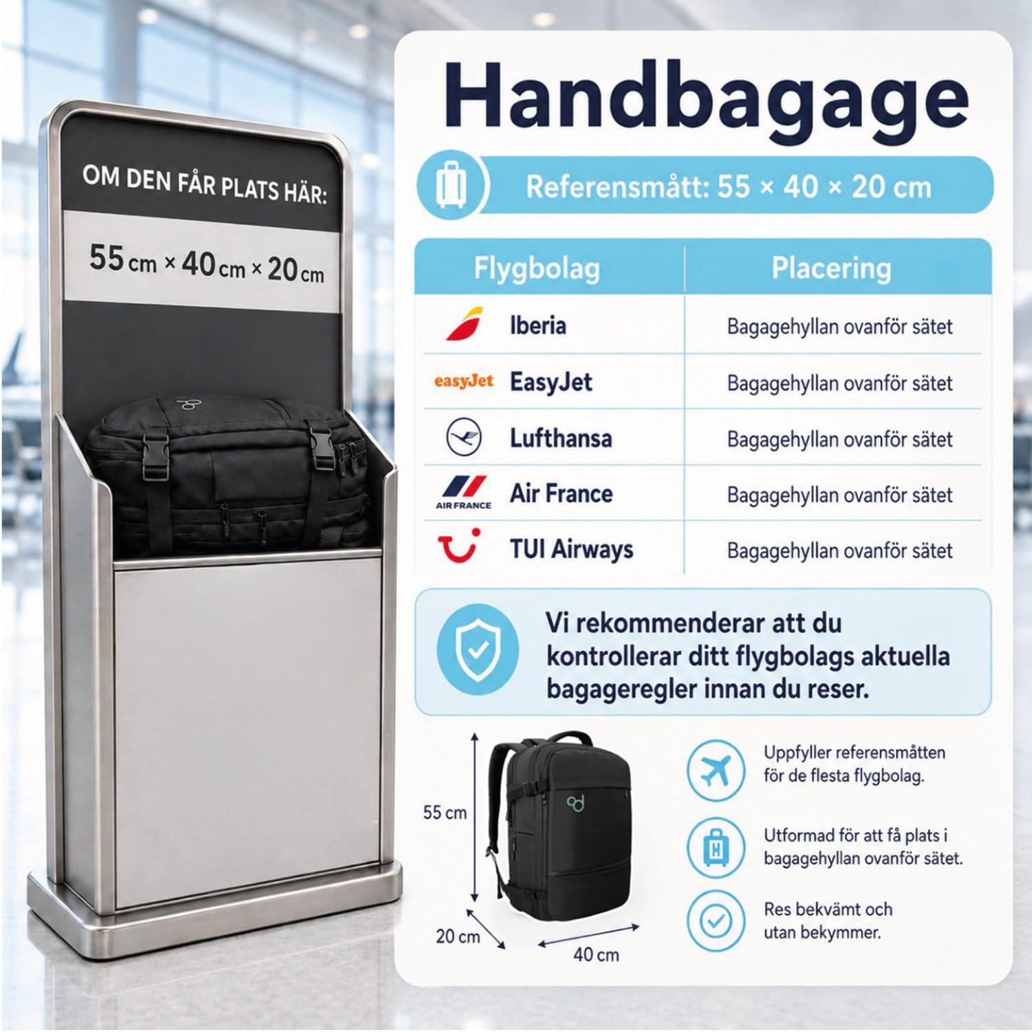 OcioDual Großer Handgepäck Rucksack 55x40x20 cm, Erweiterbar auf 55x40x25 cm, Kabinenrucksack für Flugreisen, Reiserucksack mit Laptopfach 17 Zoll, Wasserabweisend