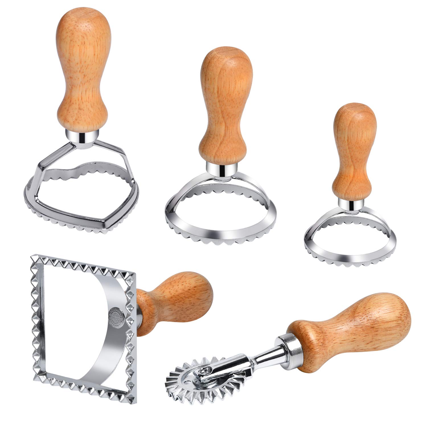 Supkiir Ravioli Maker Cutter Stamp Set, 5 Pieces Square Round Ravioli Maker Wheel Heart Maker Mold with Wooden Handle for Ravioli, Pasta, Dumplings Lasagna Tool