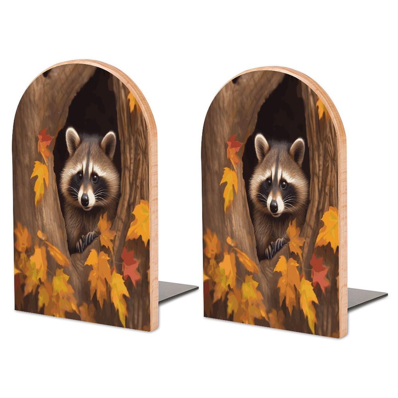 Large Raccoon in The Fall Tree Hole Book End with Metal Base Fashion Heavy Duty Bookend Exquisite Wooden Bookends Non-Skid Book Stopper for Shelves Books Organizer for Office Home 1 Pair