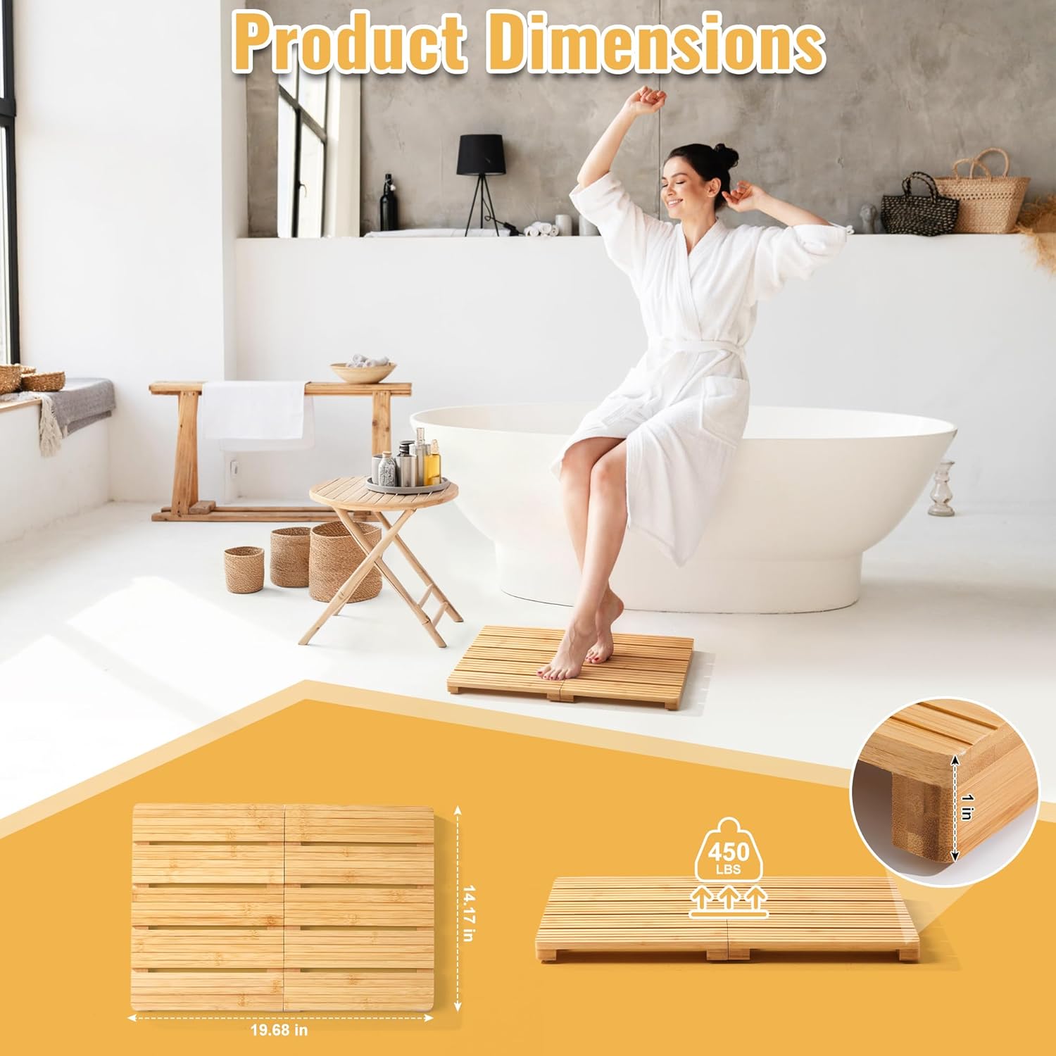 Foldable Bamboo Bath Mat for Shower, 19.68" x 14.17" in Non-Slip Wood Bathroom Rug, Quick-Dry Waterproof Carpet for Indoor Outdoor Use by Sink, Tub, Pool