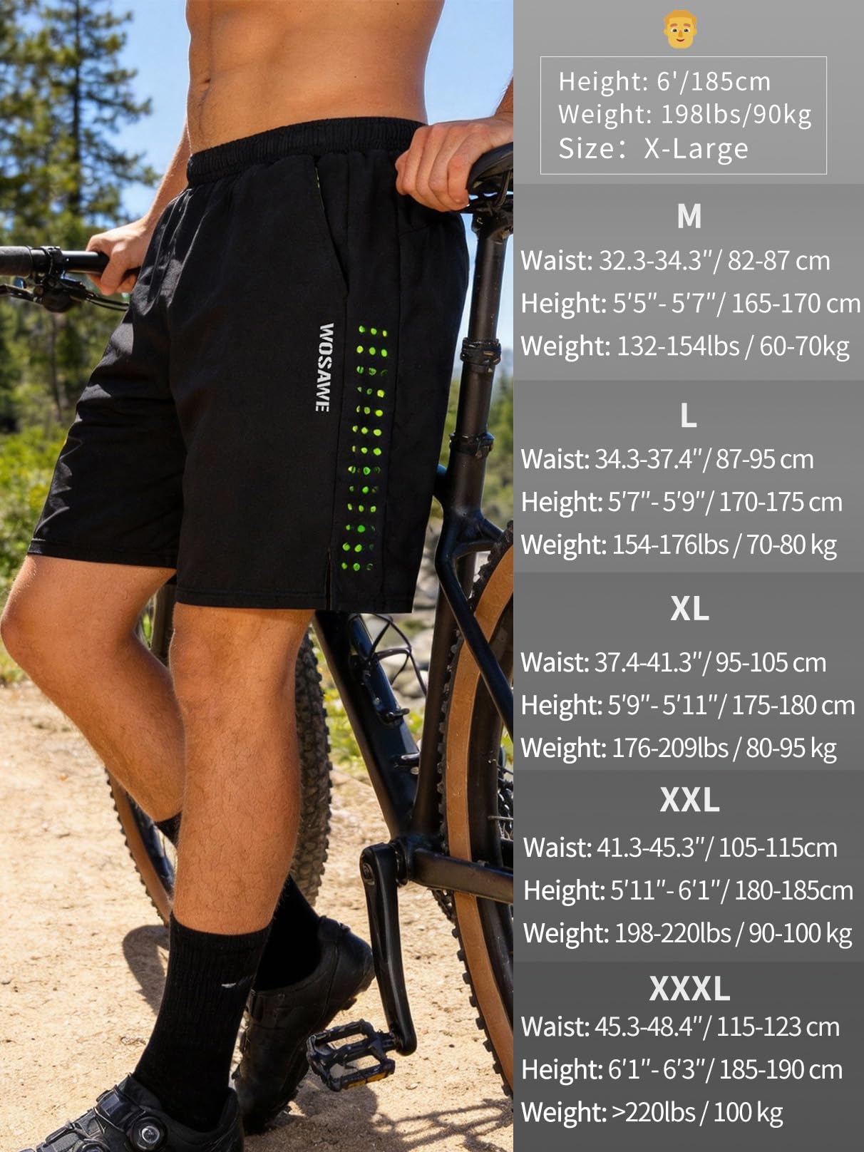WOSAWE Pantaloncini da ciclismo imbottiti da uomo in gel di silicone con fodera in rete