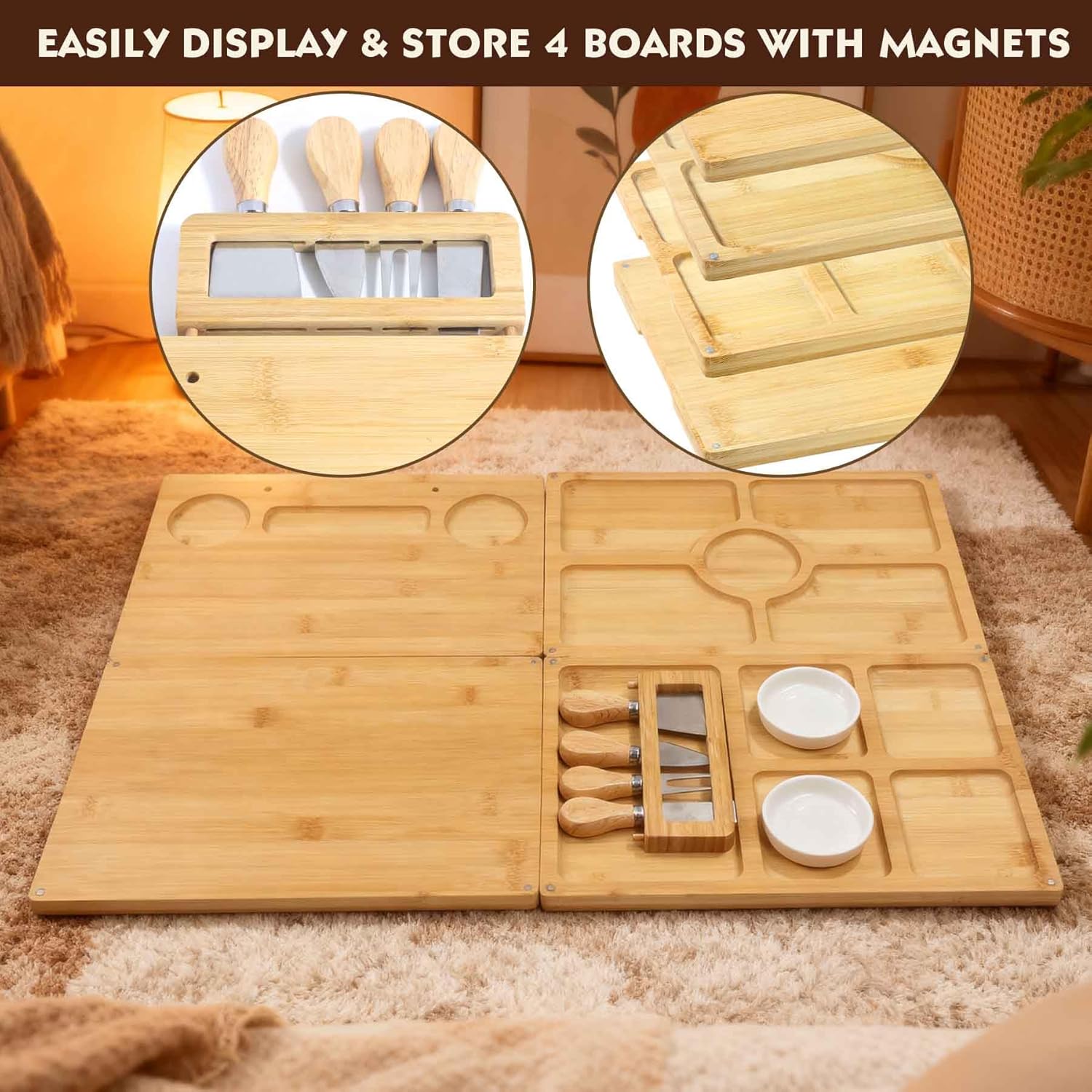 Bamboo 4 Piece Charcuterie Platter - Cheese Board Knife Set, Wooden Dinner Plate and Knife Set with Knife Holder, Suitable for Personalized Gifts Weddings, Housewarming, Birthdays, Christmas
