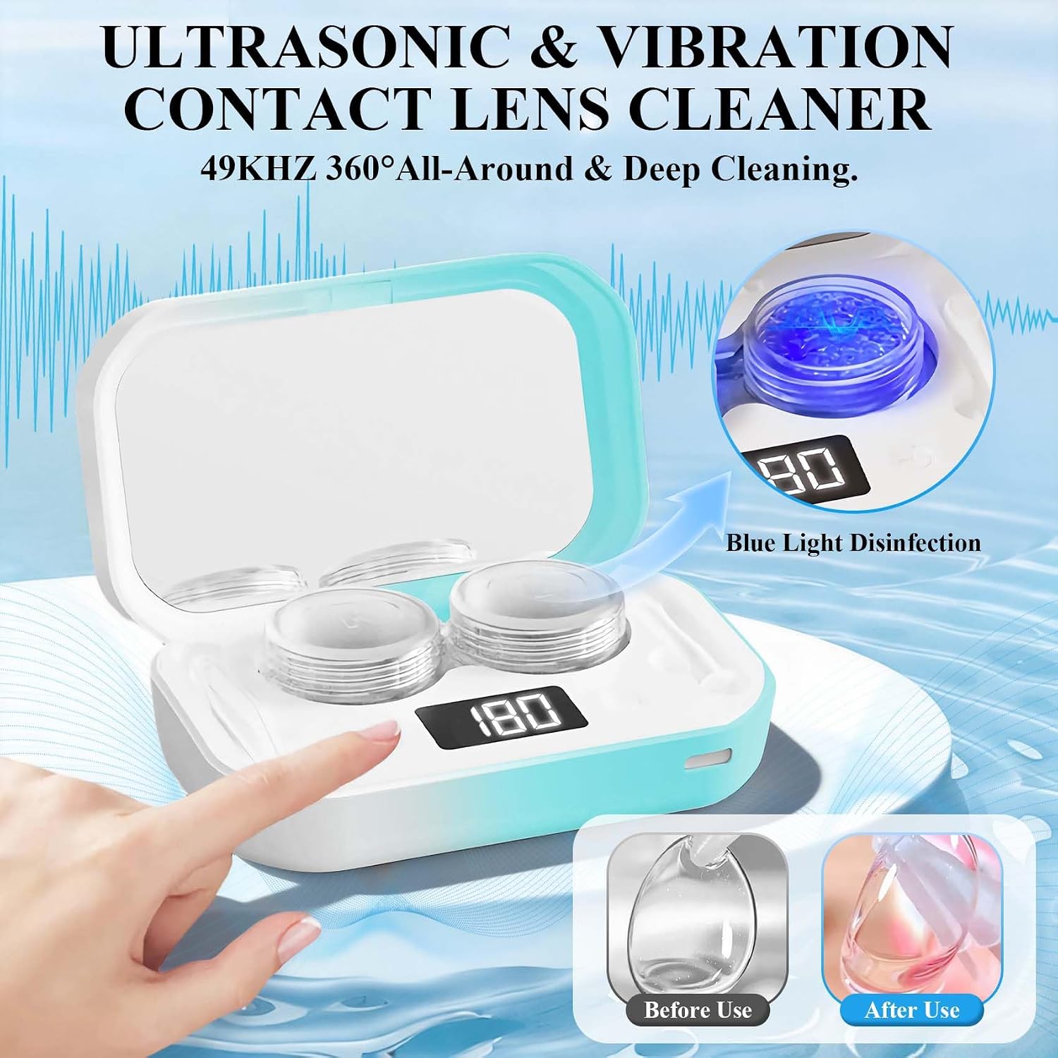 Contact Lens Clean Machine, Portable Ultrasonic Contact Lens Cleaner with 4 Timing Modes, Disinfection with Blue Light, 360° High-Frequency Vibration for Cleaning Soft Lenses, White to Green