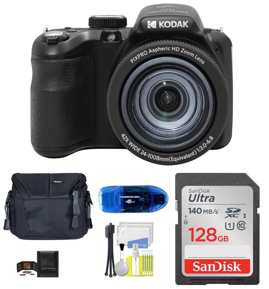Kodak PIXPRO AZ425 Digital Camera Bundle, Includes: SanDisk 128GB SDXC Memory Card, Small Camera Bag, SD Card Reader and More (6 Items) (Black)