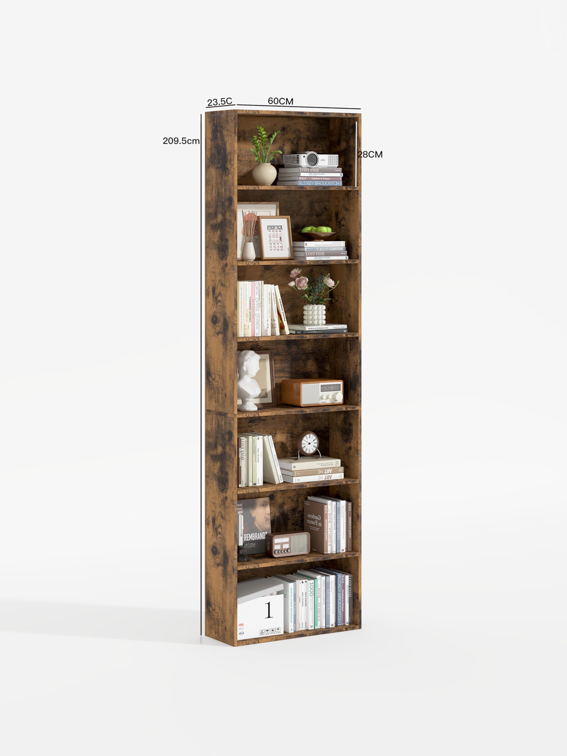 Garvis Standregal 7 Ebenen | 60 cm breit, 210 cm hoch | Offenes Bücherregal Weiß Schwarz Eiche | Büroregal Wohnzimmer (Rustikal)