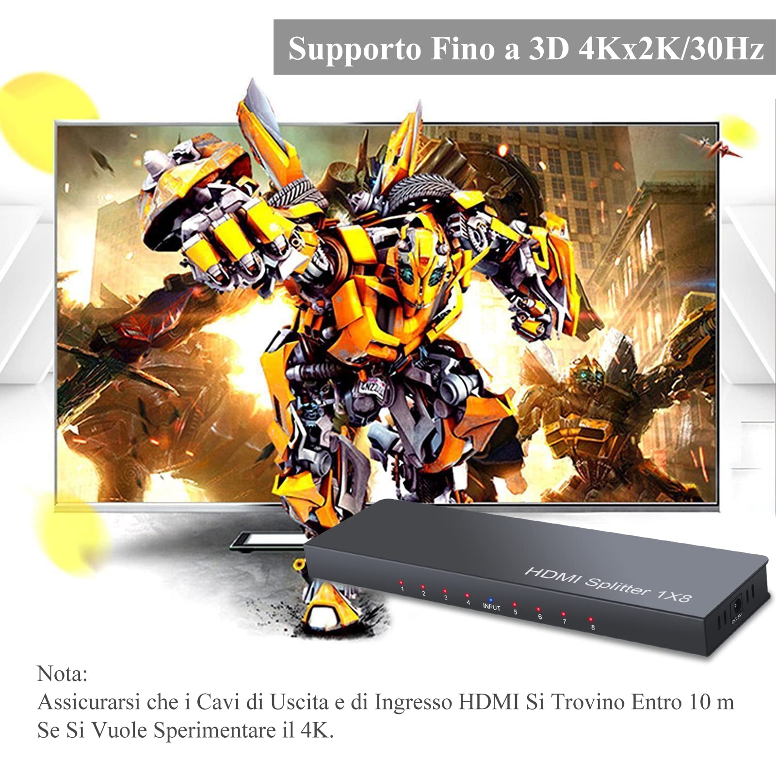 LiNKFOR 1 In 8 Out HDMI Splitter con Alimentatore 4K/30Hz 1X8 Splitter HDMI Distributore Supporta 3D 1080P 4K/2K@30Hz 1 Ingresso 8 Uscita per HDTV Proiettore PC STB PS3 Blu-Ray Lettore