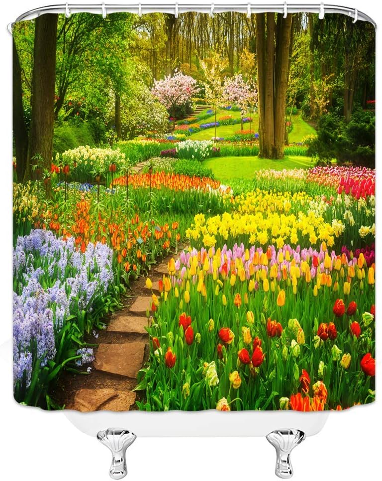 Spring Garden Shower Curtain Colorful Fantasy Flowers Green Plant Tulip Floral Forest Trees Meadow Farmhouse Natural Country Scenery Bathroom Curtain Polyester Fabric with Hooks 70×96 Inch