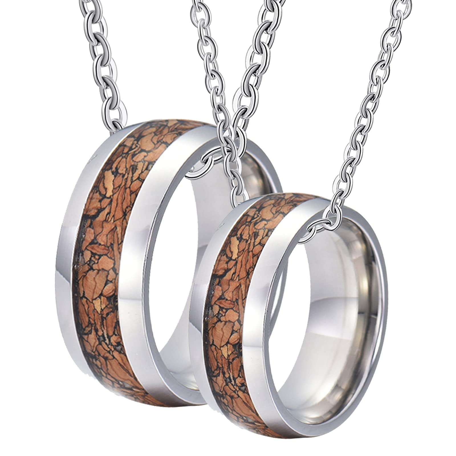Gualiy Pendenti Tungsteno per Collana, Collana Pendente Anello Coppia 8mm Argento Anello Intarsio Legno Ciondolo