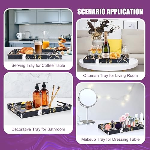 Miniatura 5 de Gifturbo Bandeja negra para servir, bandejas decorativas de mármol con asas, bandeja de mesa auxiliar, bandeja rectangular de plástico con borde