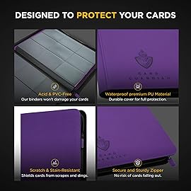 Card Guardian - 9 Pocket Premium Black Binder with Zipper for 360 Cards - Side Loading Pockets for Trading Card Games TCG (Purple)