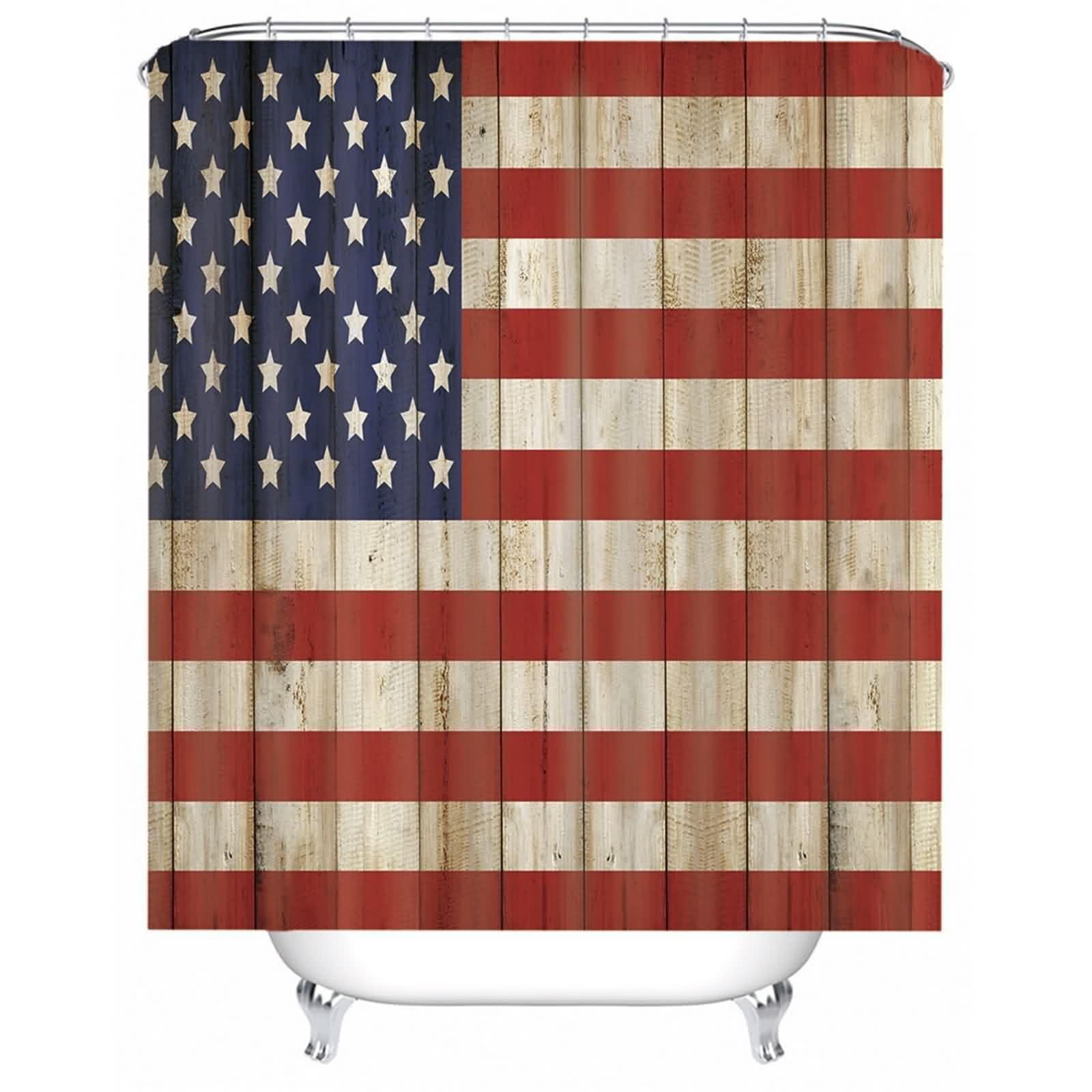 Duschvorhang Wasserdicht Textil Stoff Dunkel Blau Rot Weiß, American Flagge Muster Badvorhang Polyester Anti-Schimmel Schnell Trocknend mit Duschvorhangringen