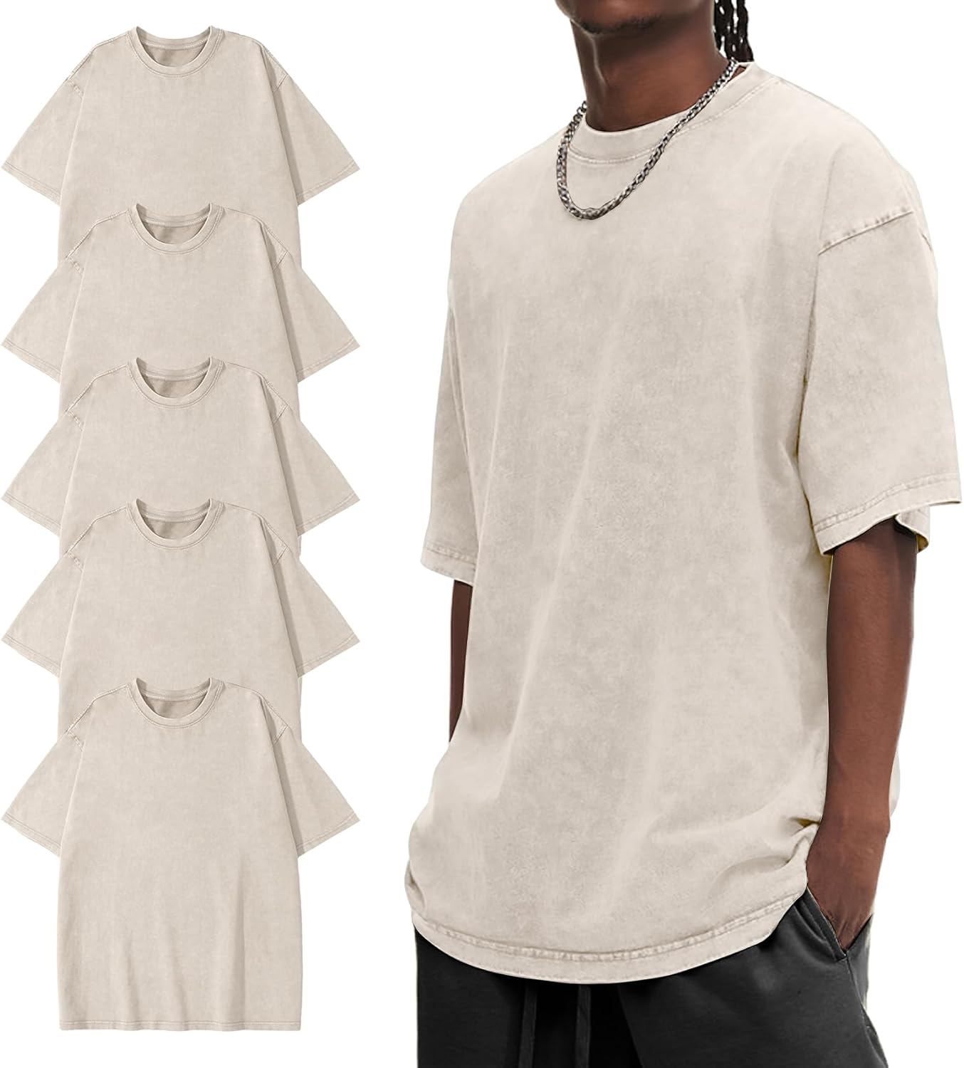 5 Pack Men's T-Shirts Oversized Unisex Baggy Tops Heavy Cotton T Shirts for Men Loose Fit Vintage Casual Streetwear Gym Tee