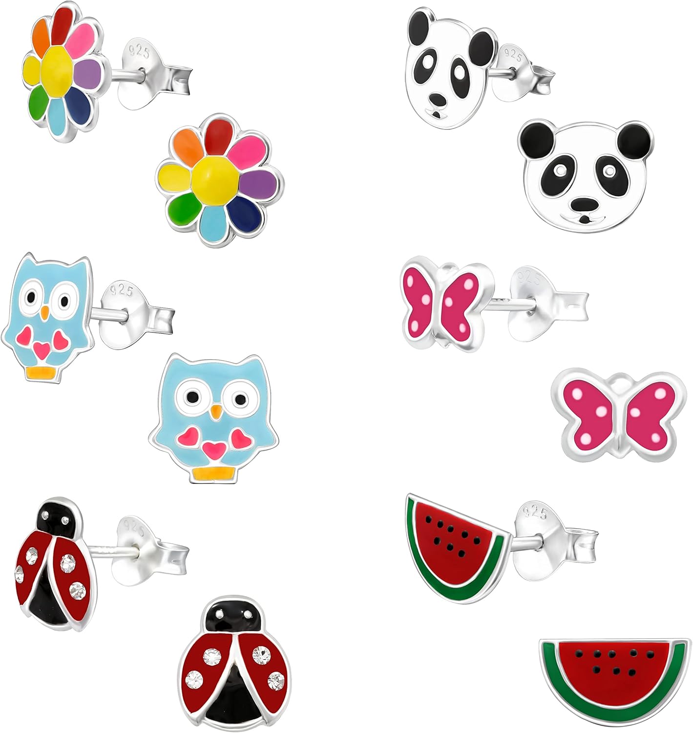 925 Sterling Silver Set of 6 Pairs Watermelon Slice, Panda, Blue Owl, Pink Butterfly, Rainbow Flower, red Ladybug Stud Earrings (Nickel Free)