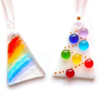 Two Rainbow Christmas tree decorations, fused glass, White Tree, rainbow baubles, christmas gift, xmas tree, christmas decoration gifts