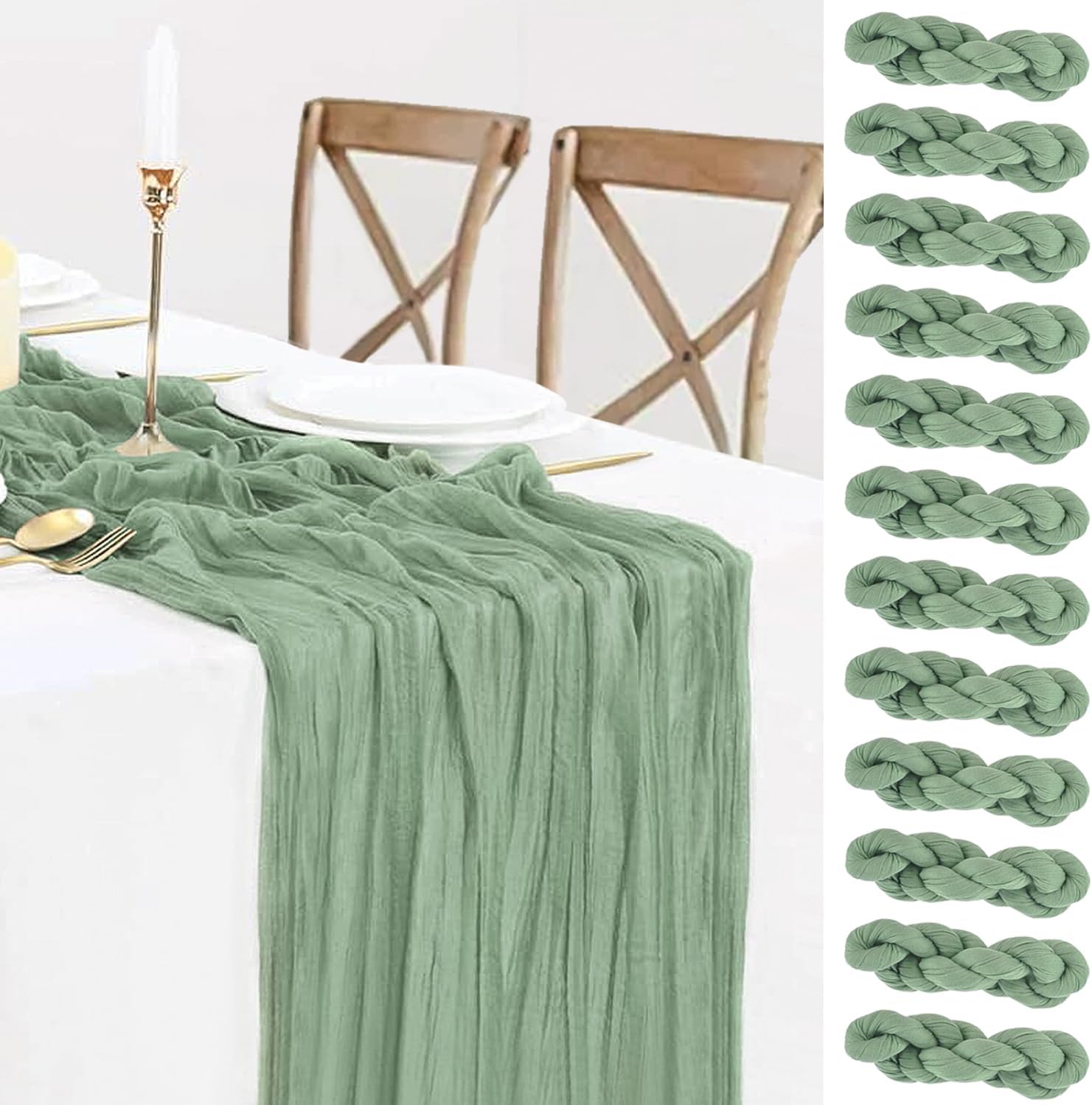 12 Pack Sage Green Table Runner Cheesecloth 35x120 Inch, 10Ft Boho Sheer Gauze Table Runner Cheese Cloth Runner for Wedding Baby Shower Fall Thanksgiving Home Decorations