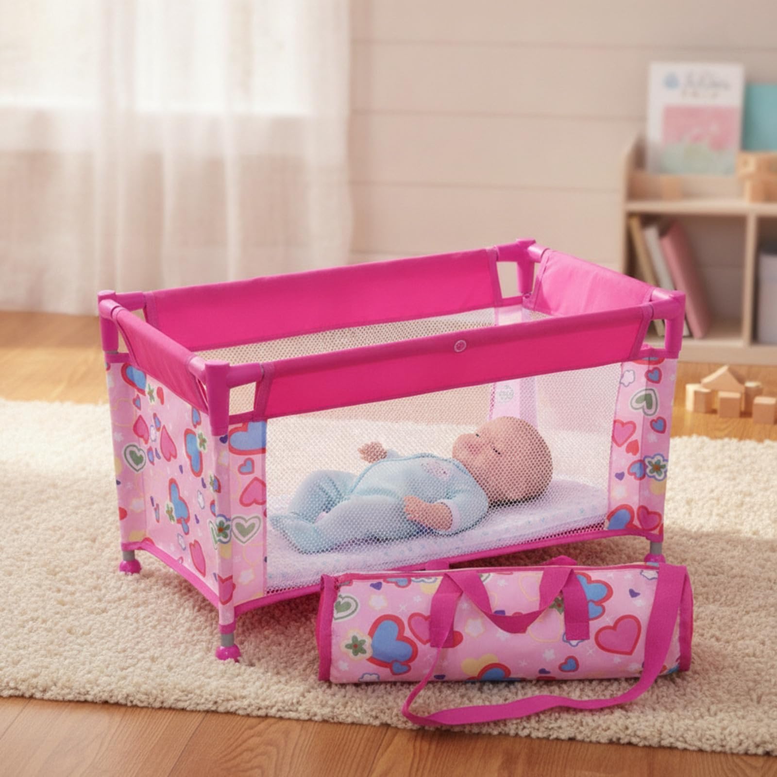 Letto da Gioco per Bambole Portatile | Stabile, Letto per Bambole con Borsa il Trasporto, Rimovibile, Gioclo, Giochi di Ruolo, Asilo, Bambini, Tessuto Cuore
