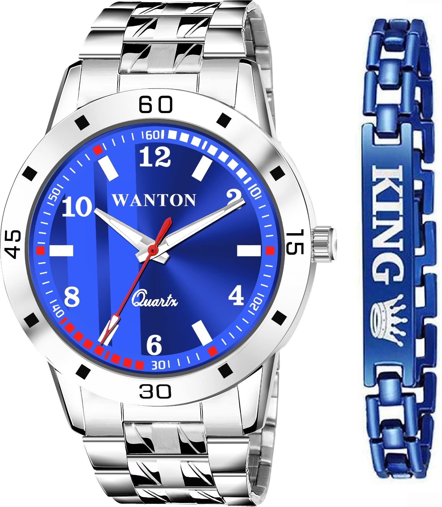 WANTON Stylish steel strap bluesimple dial design watch with king bracelet-(PO2).(P_C_B_9104) (Blue) (B0C1ZYFS5G) Amazon Price History, Amazon Price Tracker