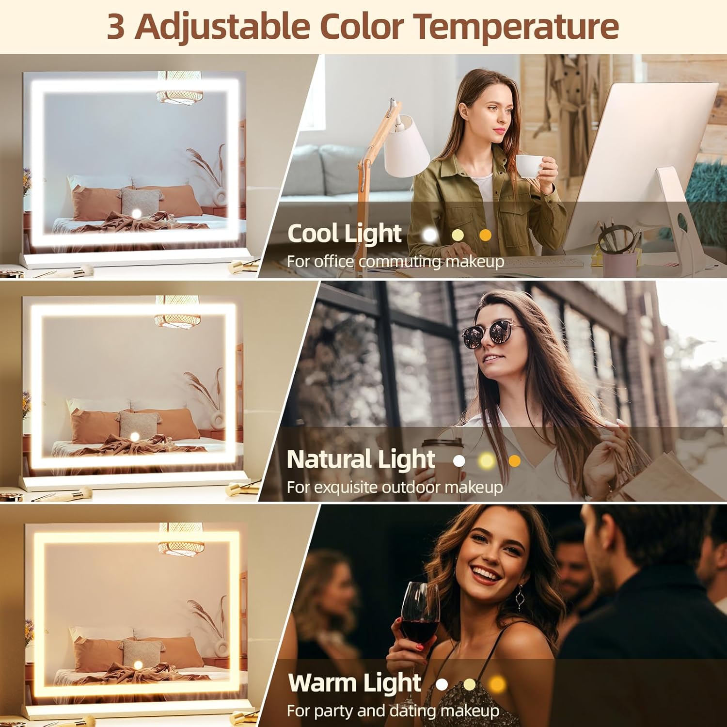 Memobarco Vanity Mirror with Lights, 23"x 18" Makeup Mirror with 3 Color Modes 5X Magnification & USB/Type-C Charging Port, Large LED Mirror for Bedroom Tabletop & Wall Mounted