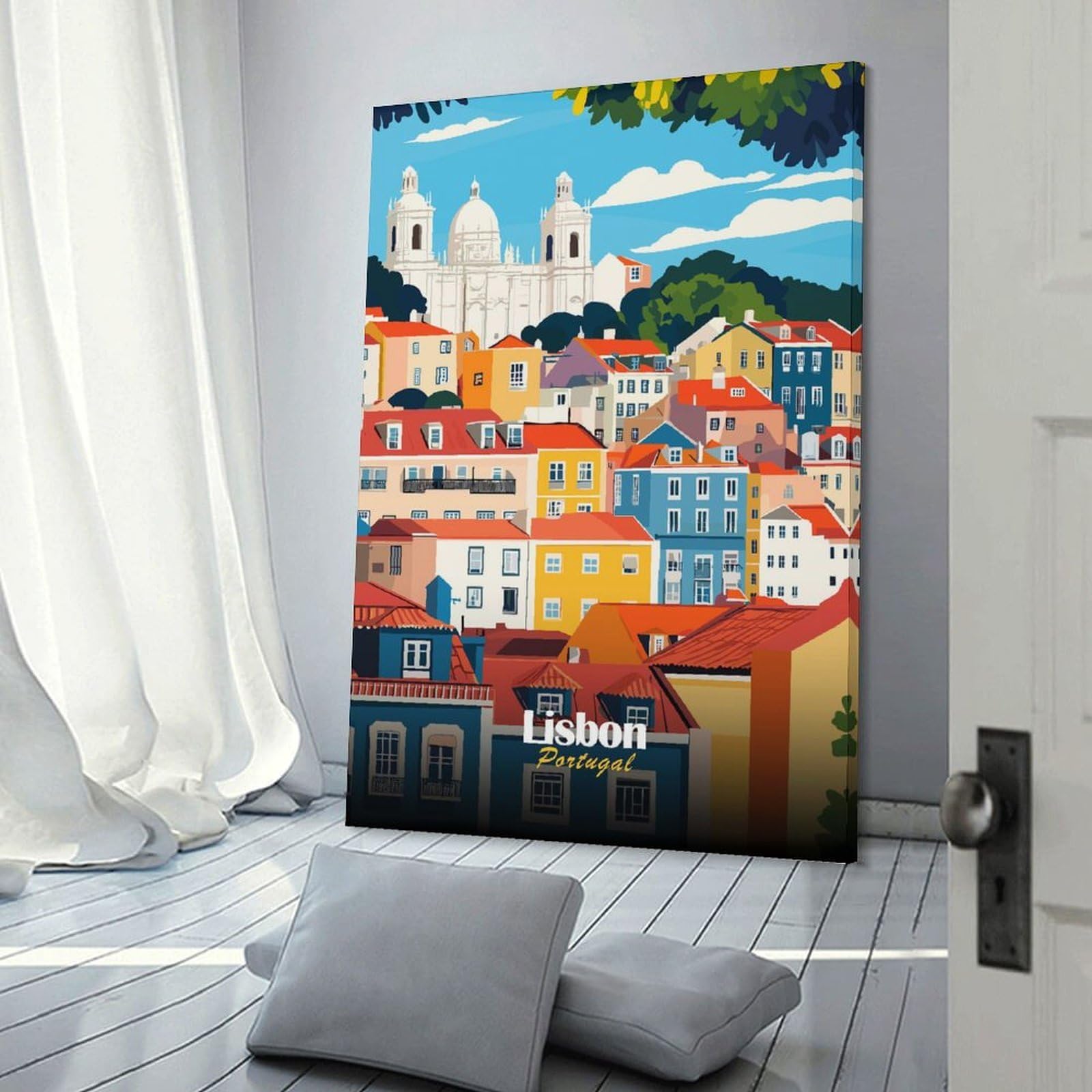 Junmoney Canvas Art Print Lisbon Cityscape Illustration, 24x36inch(60x90cm), for Office, Study Or Home Workspace, Home Office Artwork with Decorative Appeal