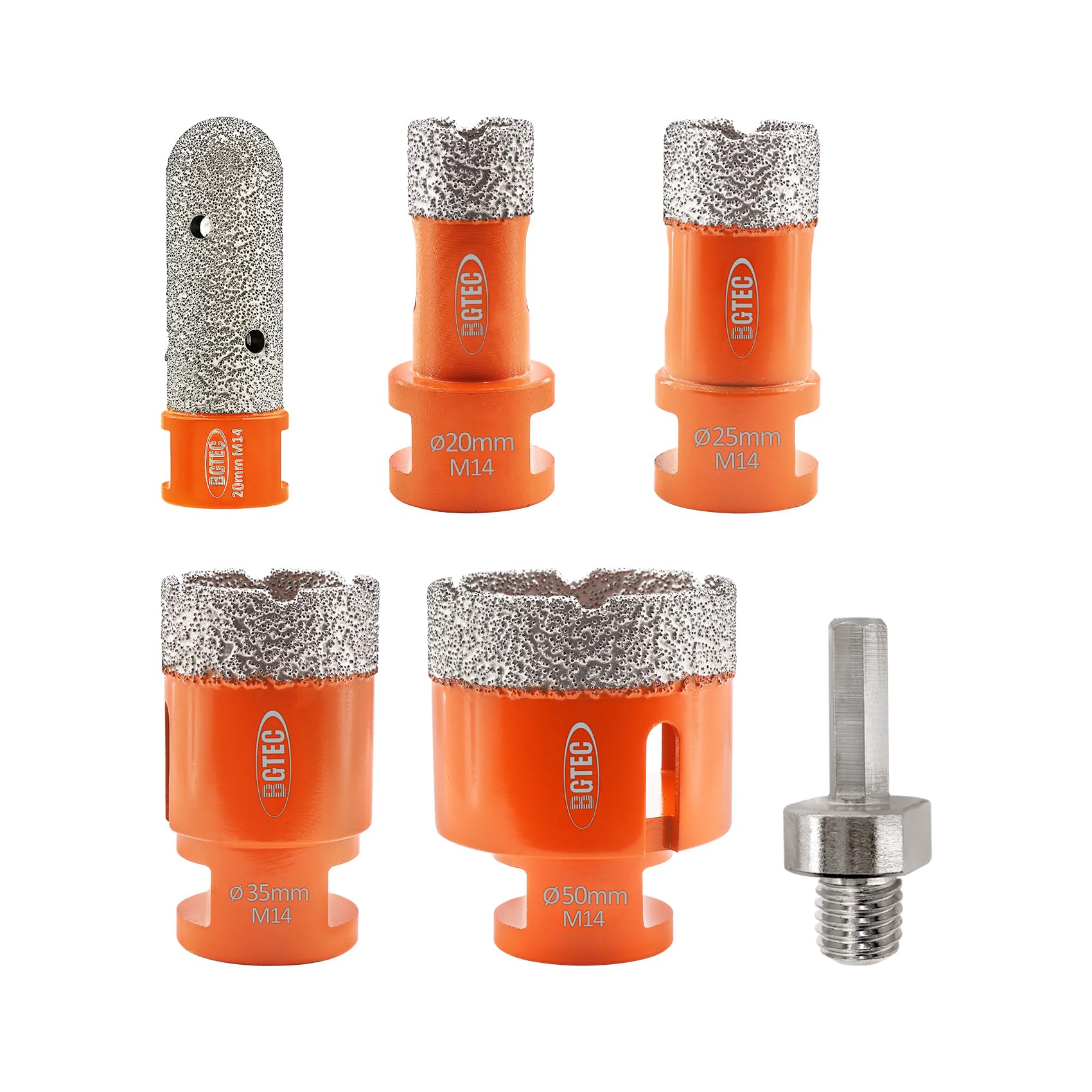 BGTEC Zestaw diamentowych wierteł do płytek – 6 sztuk (20/25/35/50 mm + 20 mm wiertło palcowe + adapter sześciokątny) z gwintem M14 do porcelany, ceramiki, płytek, granitu, marmuru, muru, kamienia