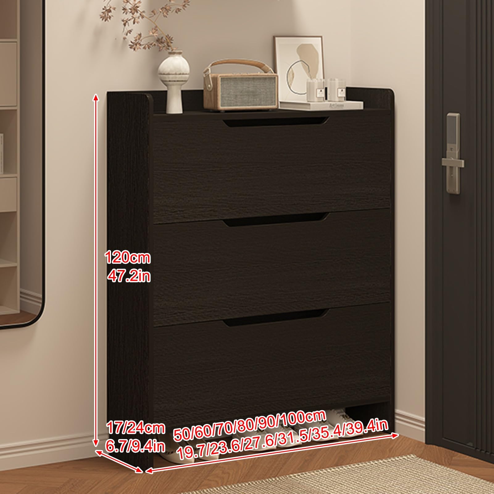 Nowoczesny domek wiejski z 3 szufladami z klapką pionowy wąski stojak do przechowywania do wejścia i przedpokoju drewniany stojak na buty (biały, 60 x 17 cm, czarny, 50 x 17 cm)