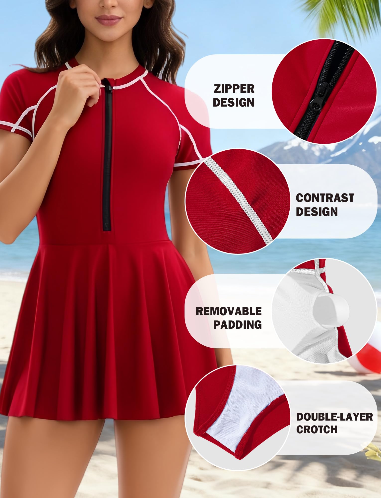 AIEOE Maillot de bain une pièce pour femme avec jupe - Maillot de bain à manches courtes - Rashguard - Maillot de bain pour le surf - Protection solaire UPF 50+ - Séchage rapide