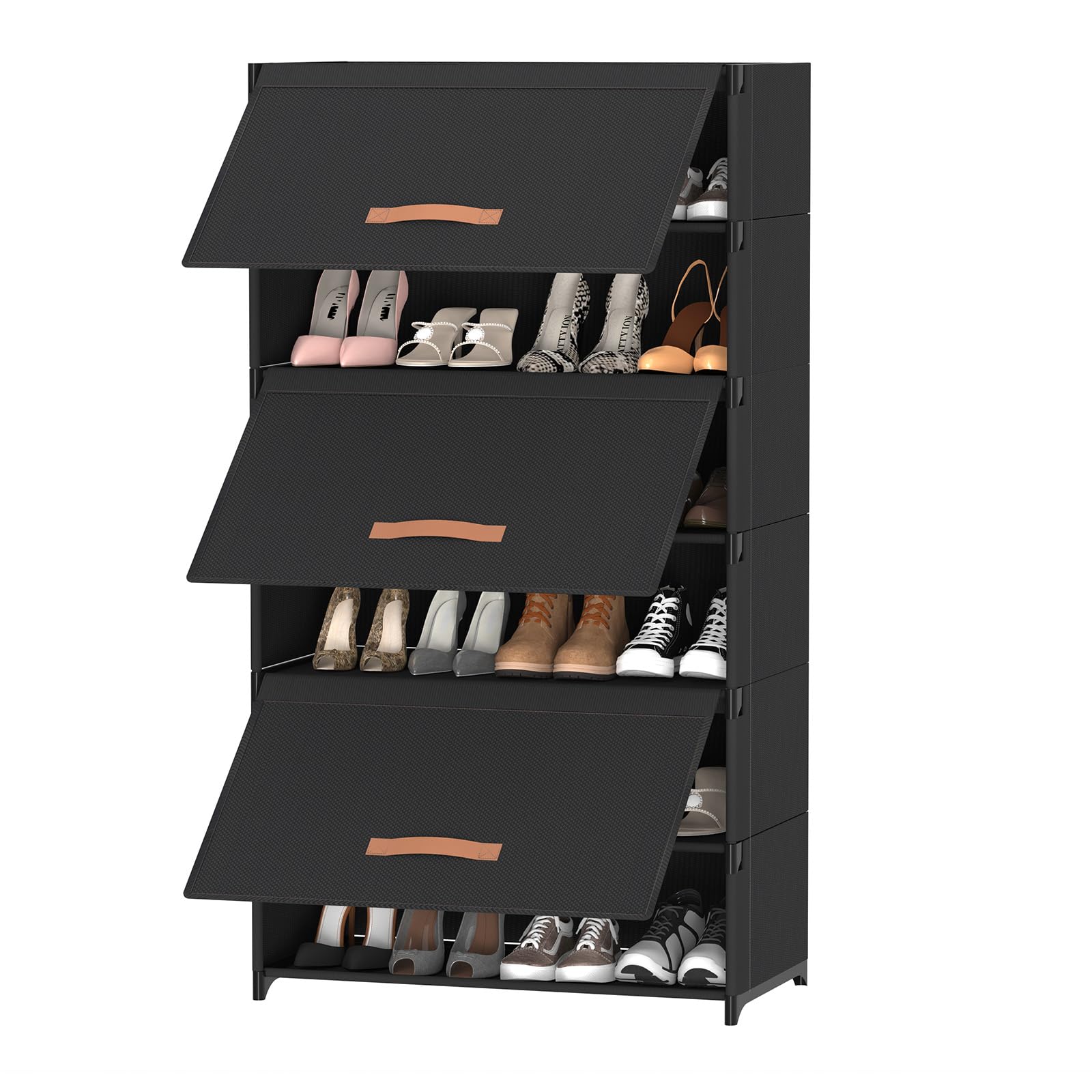 Upgraded Shoe Rack with Covers,7 Tier Shoe Storage Cabinet with Door, 28-Pair Plastic Shoe Organizer with Dustproof Cover for Closet,Bedroom,Hallway, Entryway, Black