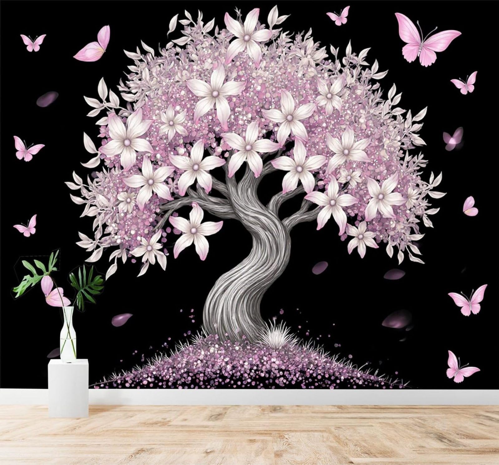 Tzxztt 400Cm×280Cm(B×H) Pink Flowers Trees Butterflies Petals Black Modern 3D Wallpaper Premium Textured Silk Neutral Tones Material Ideal For Living Room Bedroom-400Cm×280Cm