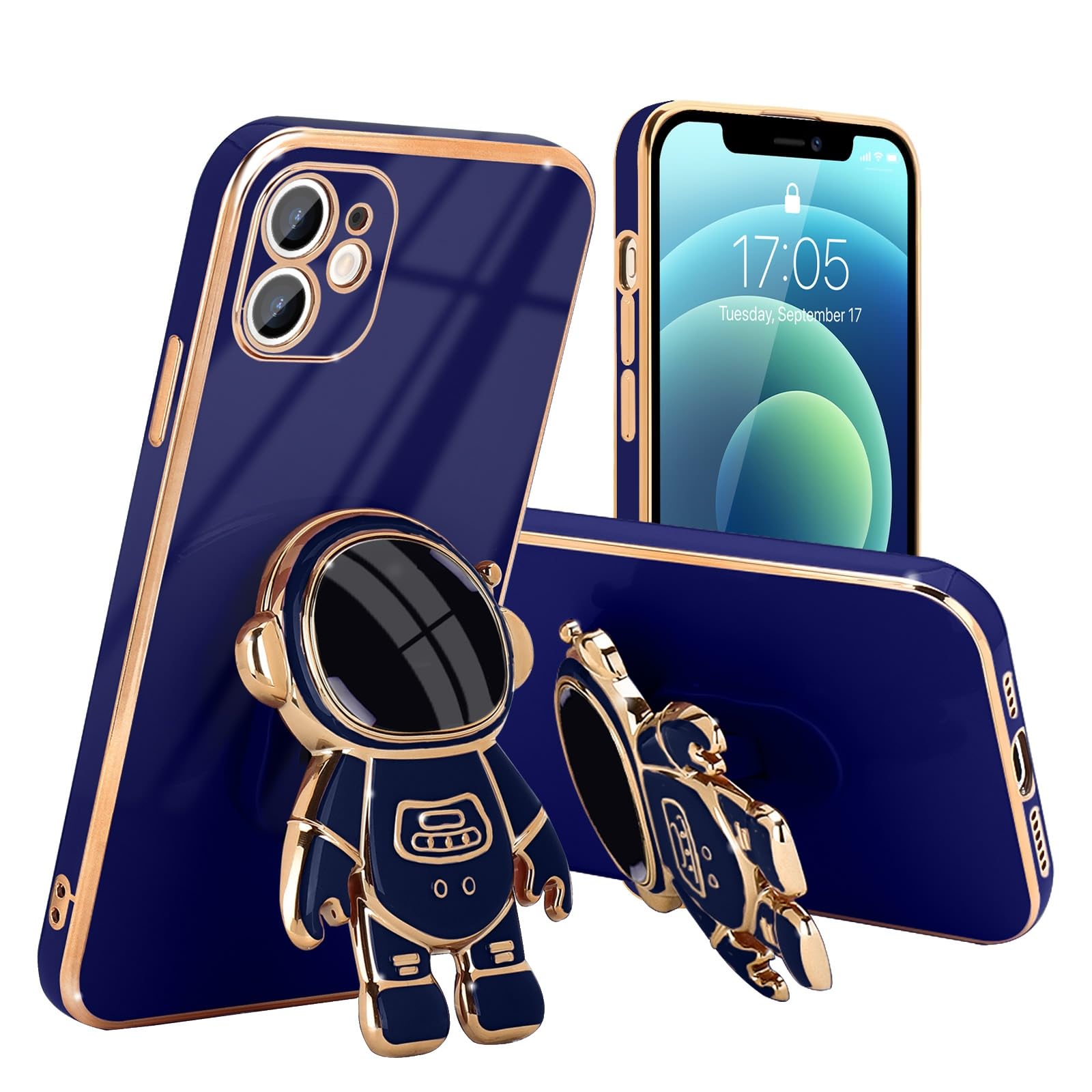 Compatible with iPhone 12 Case Cute 3D Astronaut Stand Design Camera Protection Shockproof Soft Back Cover for Apple iPhone 12 Phone Case Royal Blue