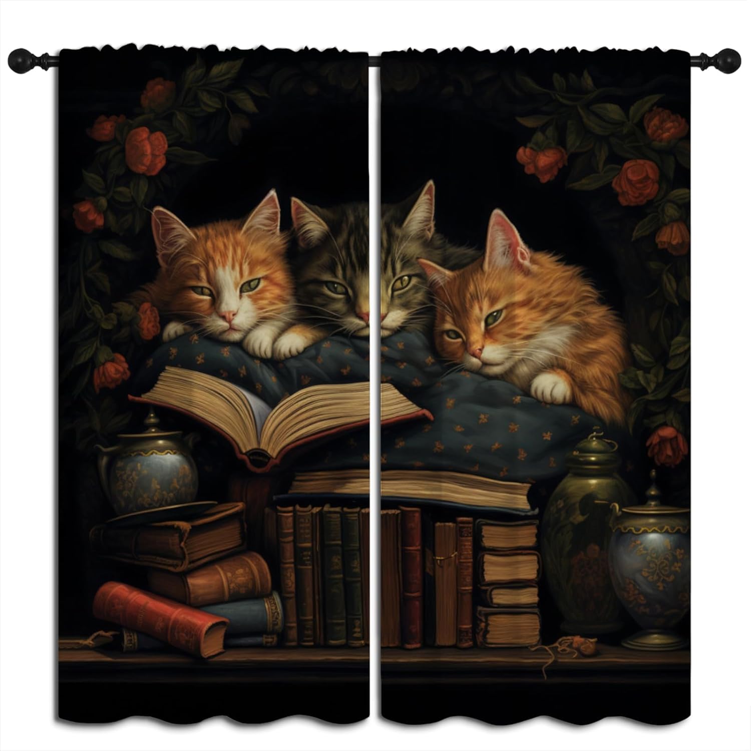 LHROOMJK Vintage Bookshelf Blackout Curtains for Boys Girl Bedroom Home Decor,Library Books Bookcase Cat Plant Floral Thermal Insulated Rod Pocket Darkening Living Room Window Drapes, 42 x 45 inch