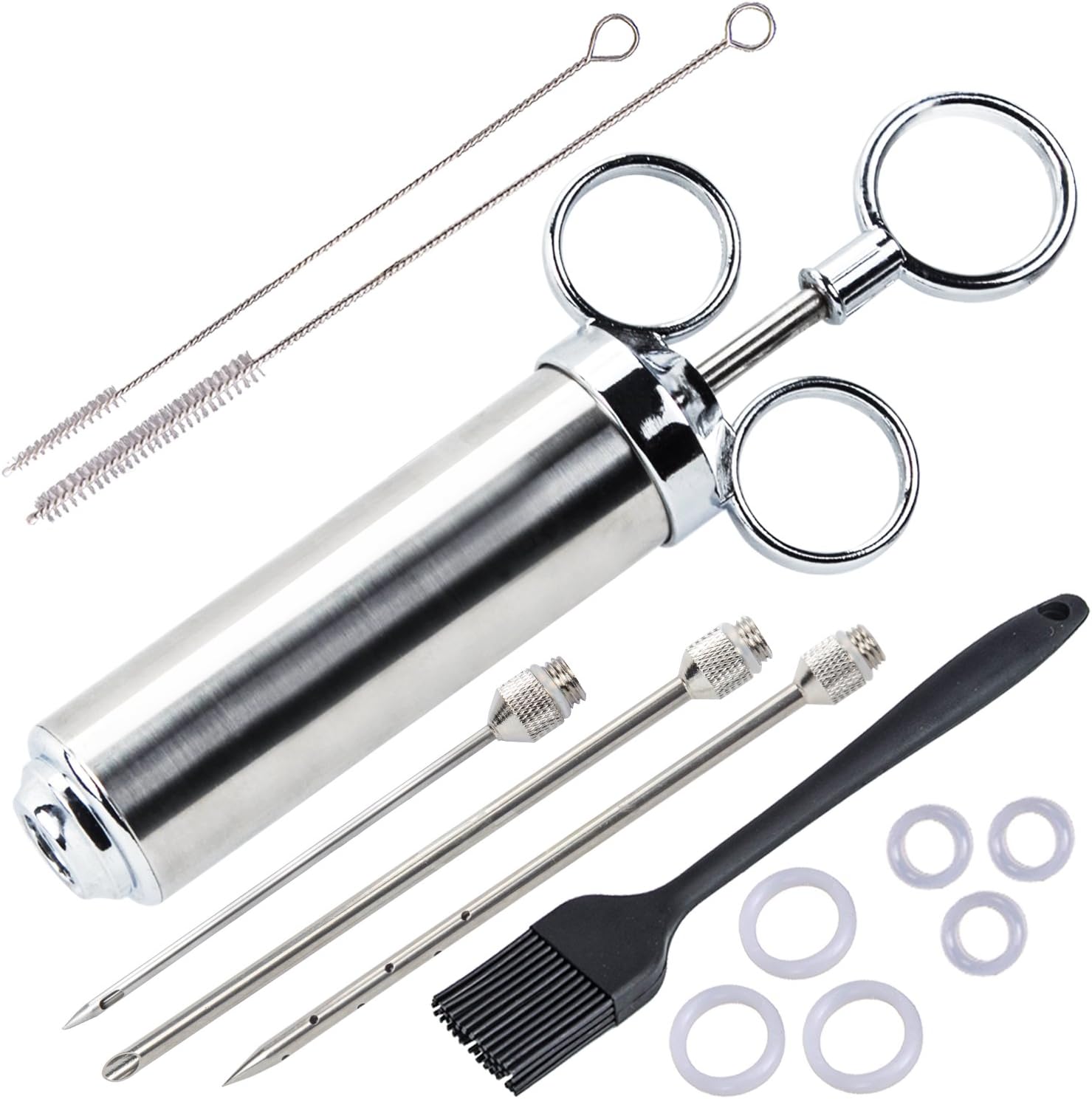 Neuojo Marini Hose Stainless Steel Baster Set, 1 x 60 ml Spice Injector + 1x Brush + 2x Brush + Rubber Rings, For Grill, BBQ, Meat Marinating, Turkeys, Chickens, Cowhide Teak etc