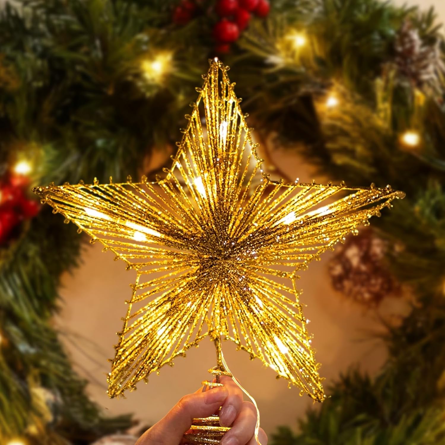 Christmas Star Tree Topper with Remote Control & Timer, Gold Glitter 3D Star Tree Topper with 30 LED Lights, 8 Lighting Modes, USB Xmas Tree Decor for Christmas Tree Home (9.8inch)