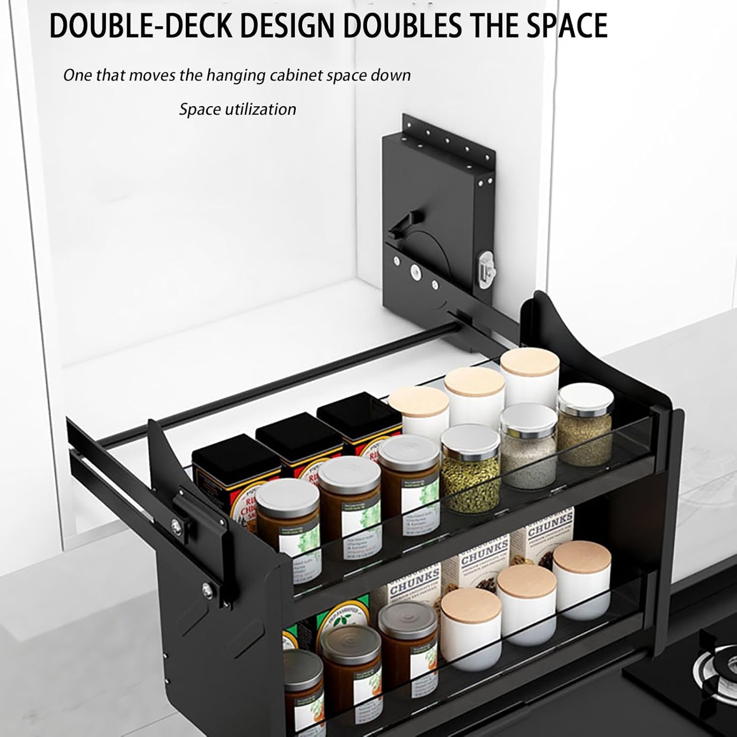 Organizer da cucina a 2 ripiani estraibile per armadio da cucina con ripiano integrato salvaspazio per utensili sollevabili, nero, monocolore, armadio da 90 cm