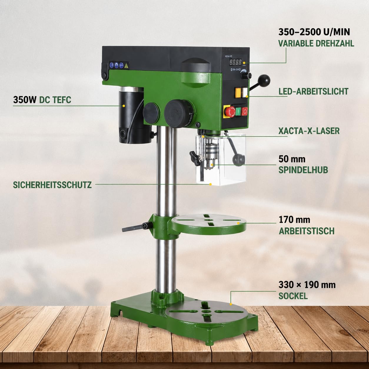 Präzisions-Tischbohrmaschine RB14-VS, 350W DC-Motor, 350–2500 U/min, 1,5–13 mm Bohrfutter, Digitalanzeige, Laser & LED, Tiefenanschlag für Holz Metall Kunststoff, Säulenbohrmaschine