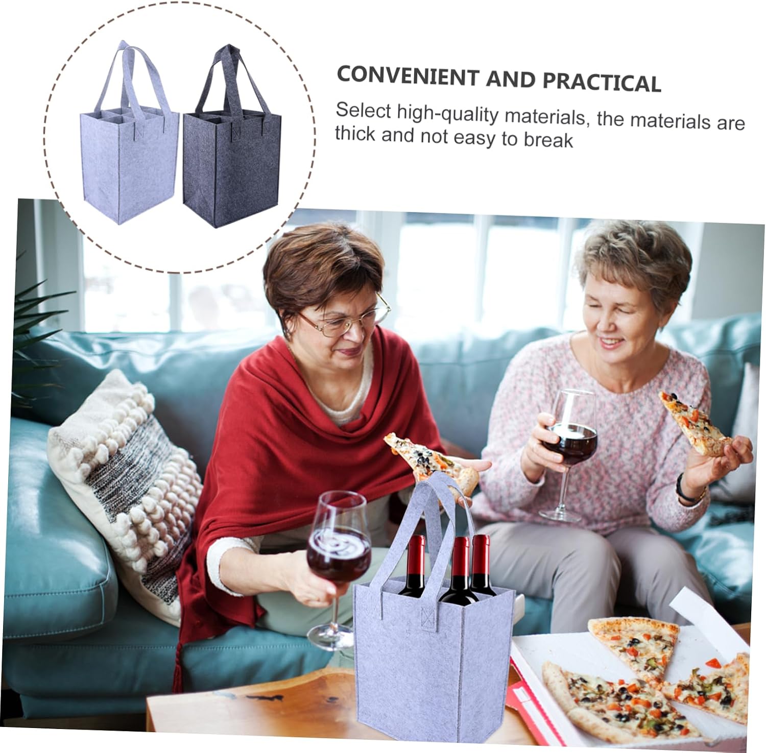 2Pcs Portable Felt Wine Bottle Bags with Reinforced Handle for Black