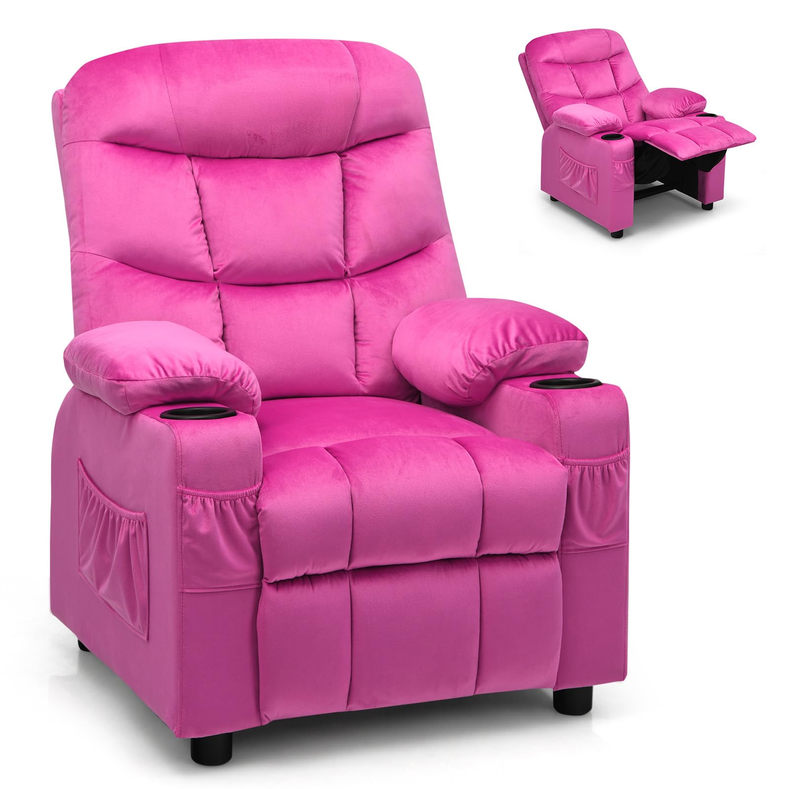 Kids Recliner, Velvet Fabric Kids Recliner Chair w/ 2 Cup Holders