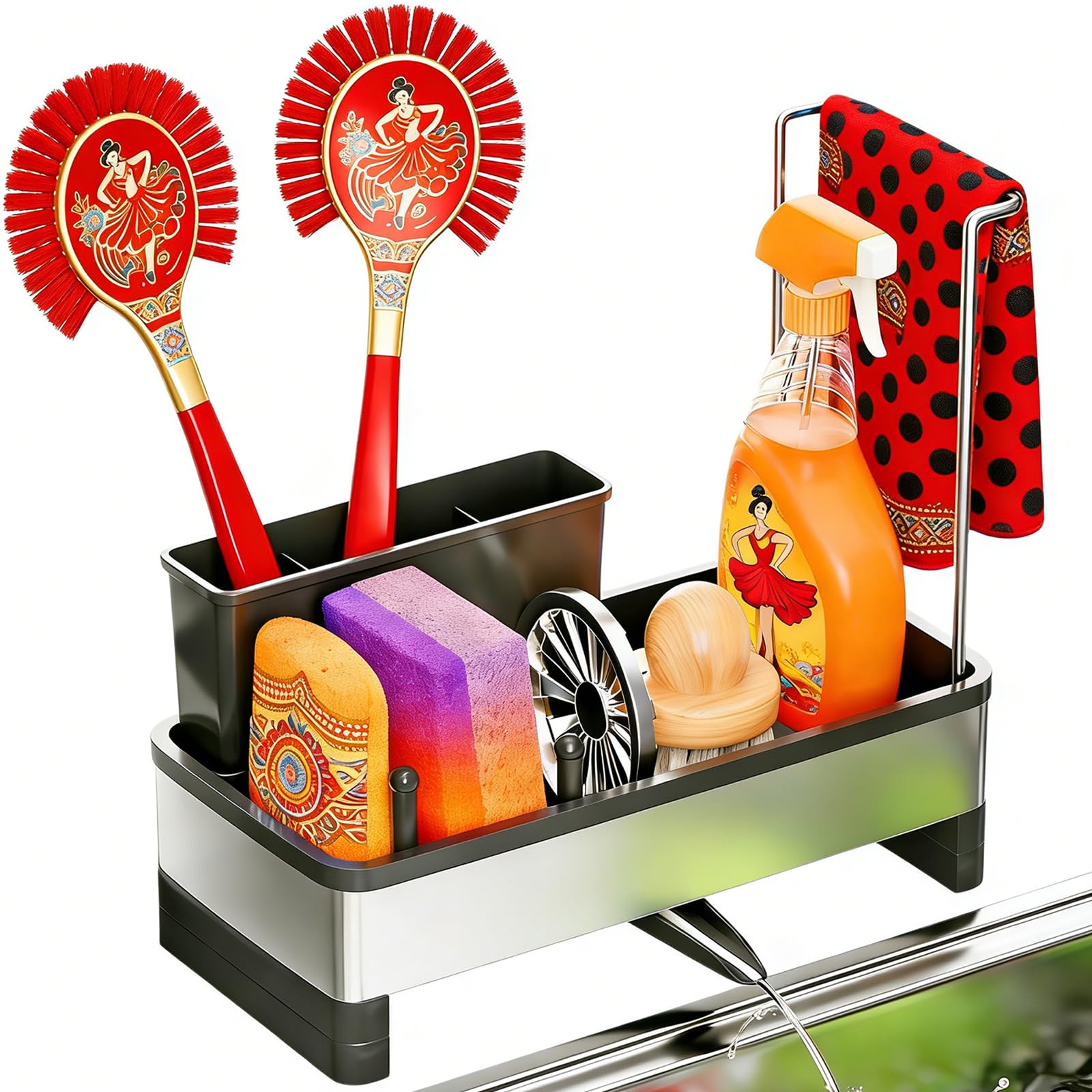 Sponge Holder for Kitchen Sink Stainless Steel Sink Caddy with Brush Holder Dishcloth Rack and Holds Soap Dispenser