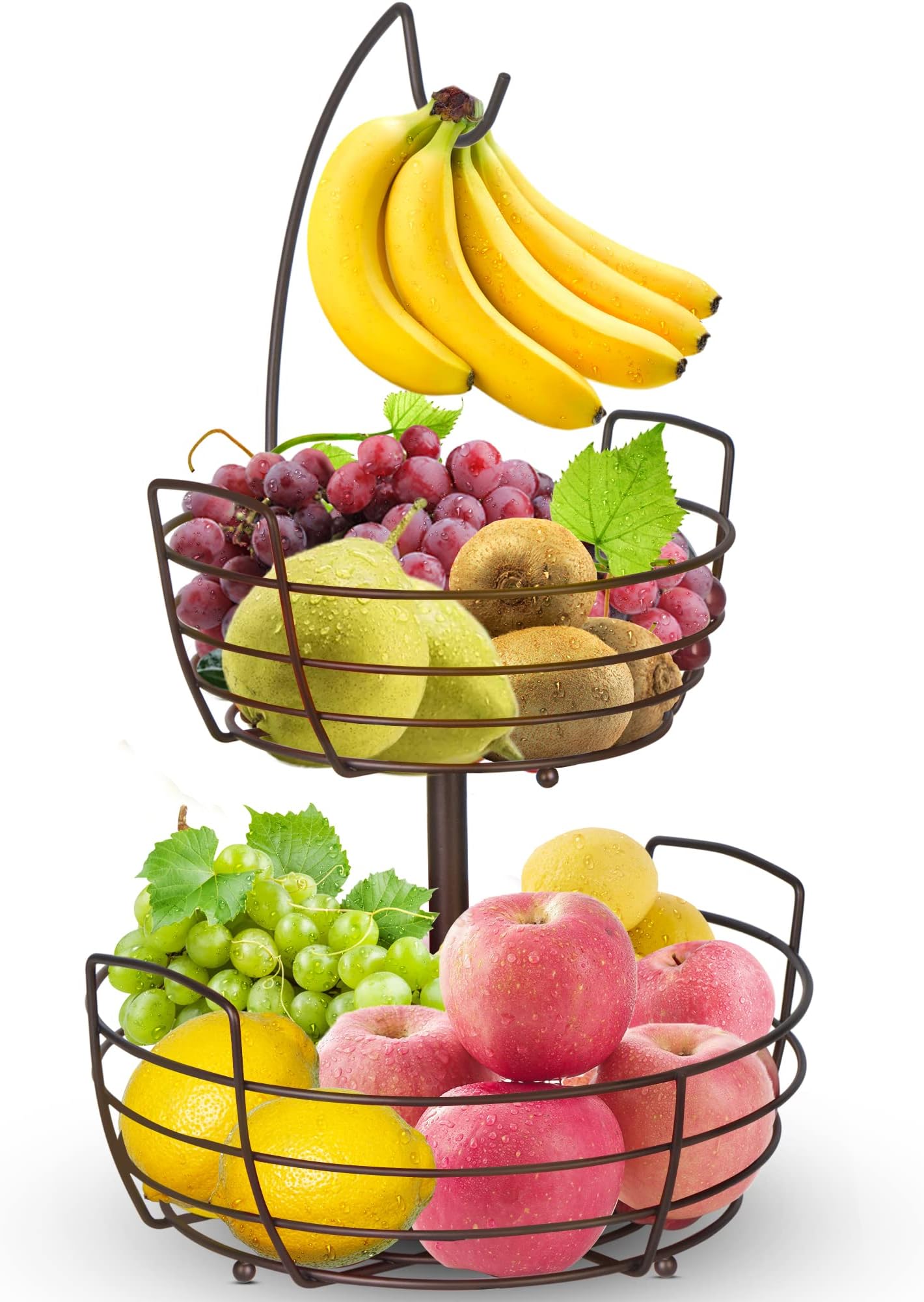 Mutool 2 Tier Fruit Racks with Banana Hanger AssemblableFruit Baskets with Banana Hook Metal Wired Fruit Bowls Vegetables Racks Storage Rack for Fruits, Vegetables, Snacks, Bread, Bronze