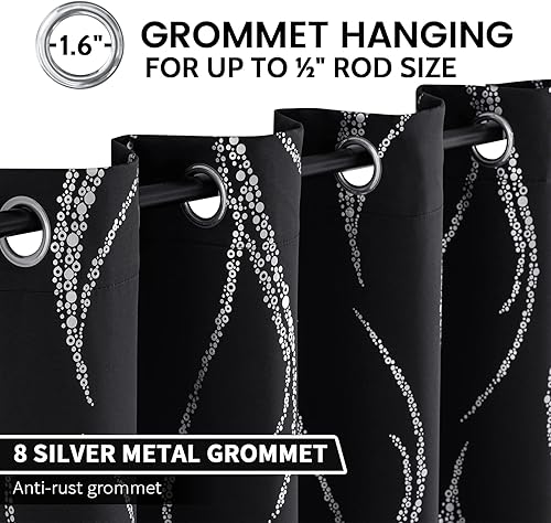Miniatura 3 de Cortinas opacas para sala de estar, diseño de línea ondulada con puntos, estampado plateado, reducción de ruido, aislamiento térmico, anillo sólido